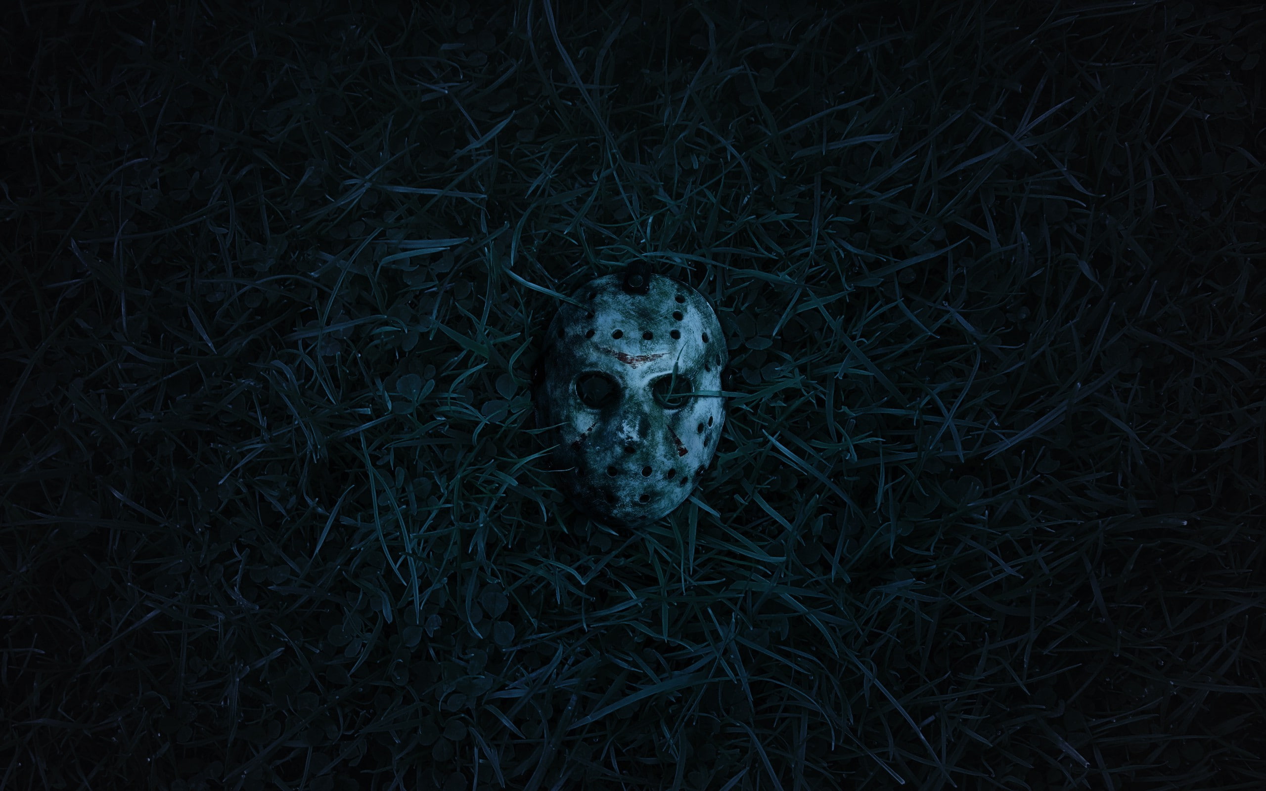 halloween, 2K, mask, human skeleton, nature, dark, black background, close-up, no people, Friday The 13th, land, plant, Jason Voorhees, mystery, night, HD Wallpaper