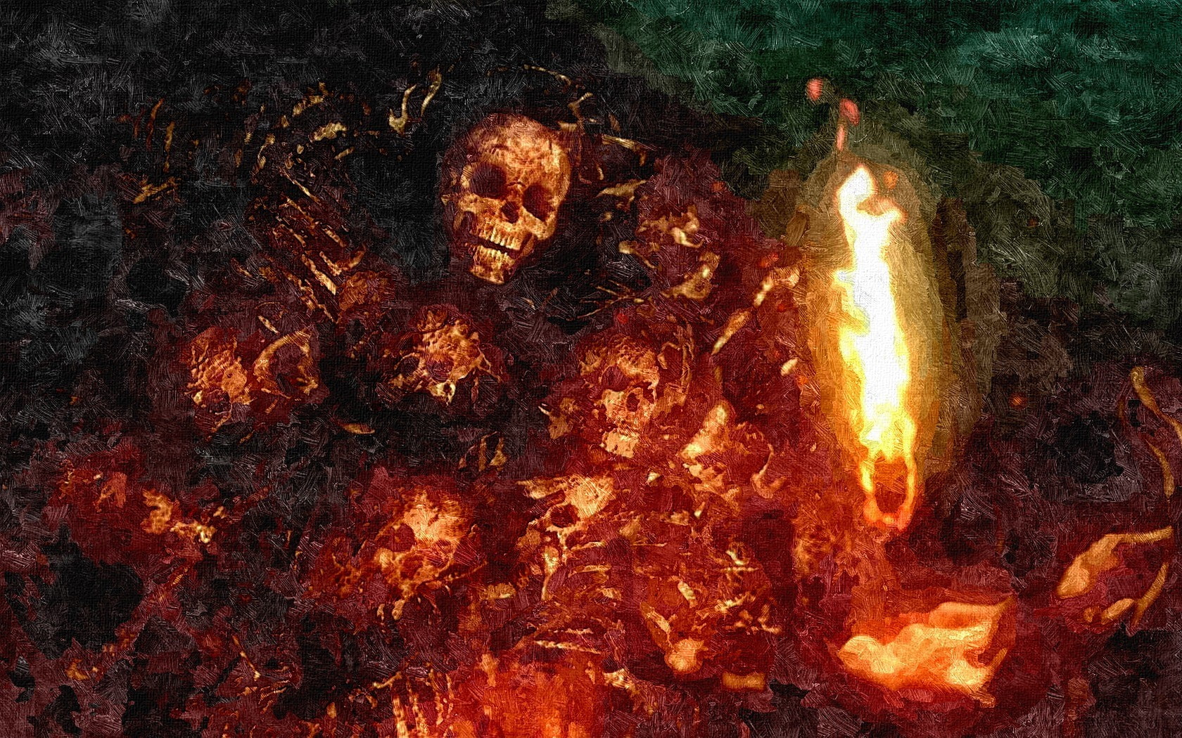 digital art, land, Nito, heat - temperature, painting, death, motion, nature, bonfire, orange color, video games, campfire, teeth, 720P, filter, burning, HD Wallpaper