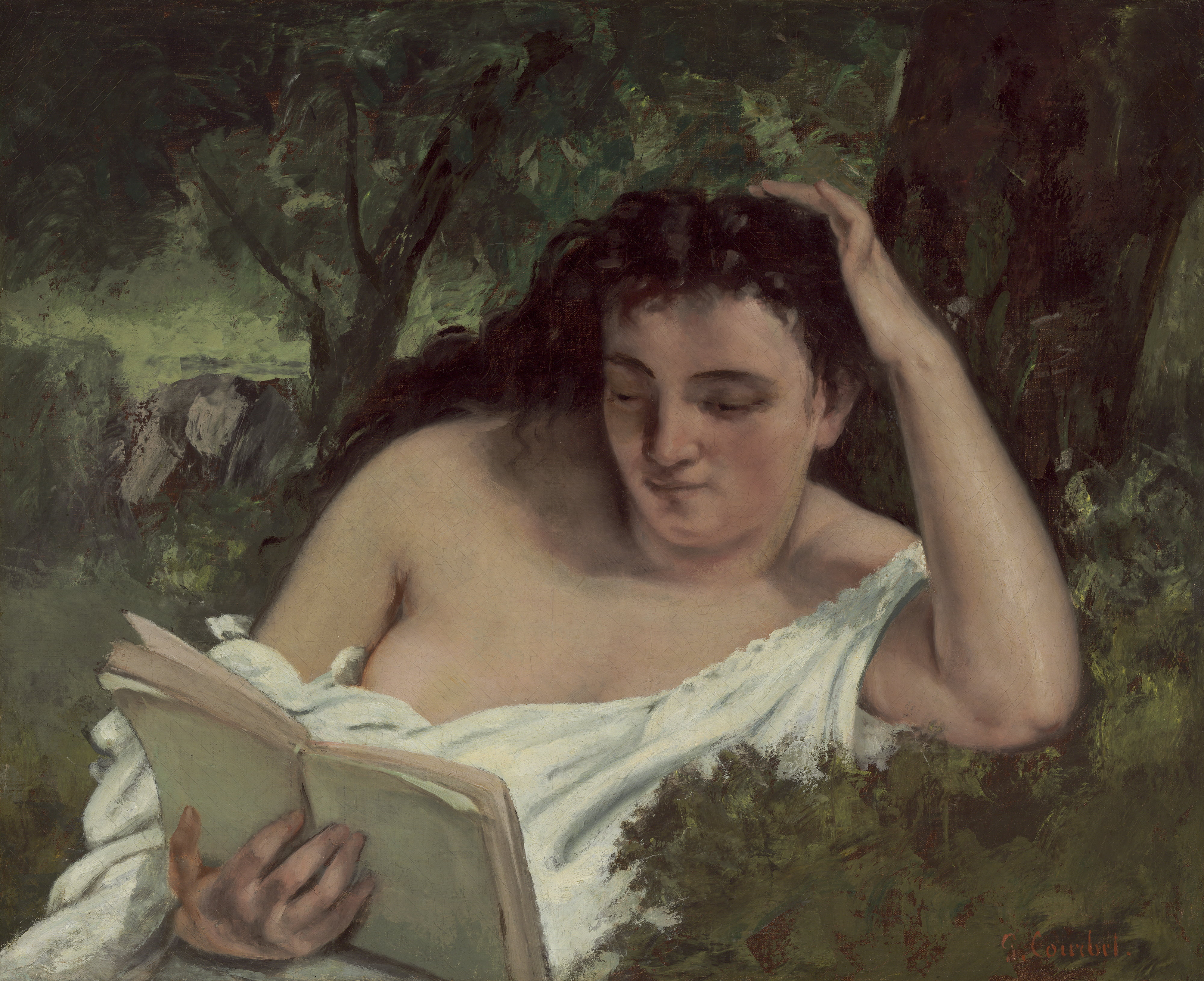 4K, young adult, publication, real people, contemplation, tree, Gustave Courbet, hairstyle, book, beautiful woman, adult, shirtless, plant, lying down, HD Wallpaper