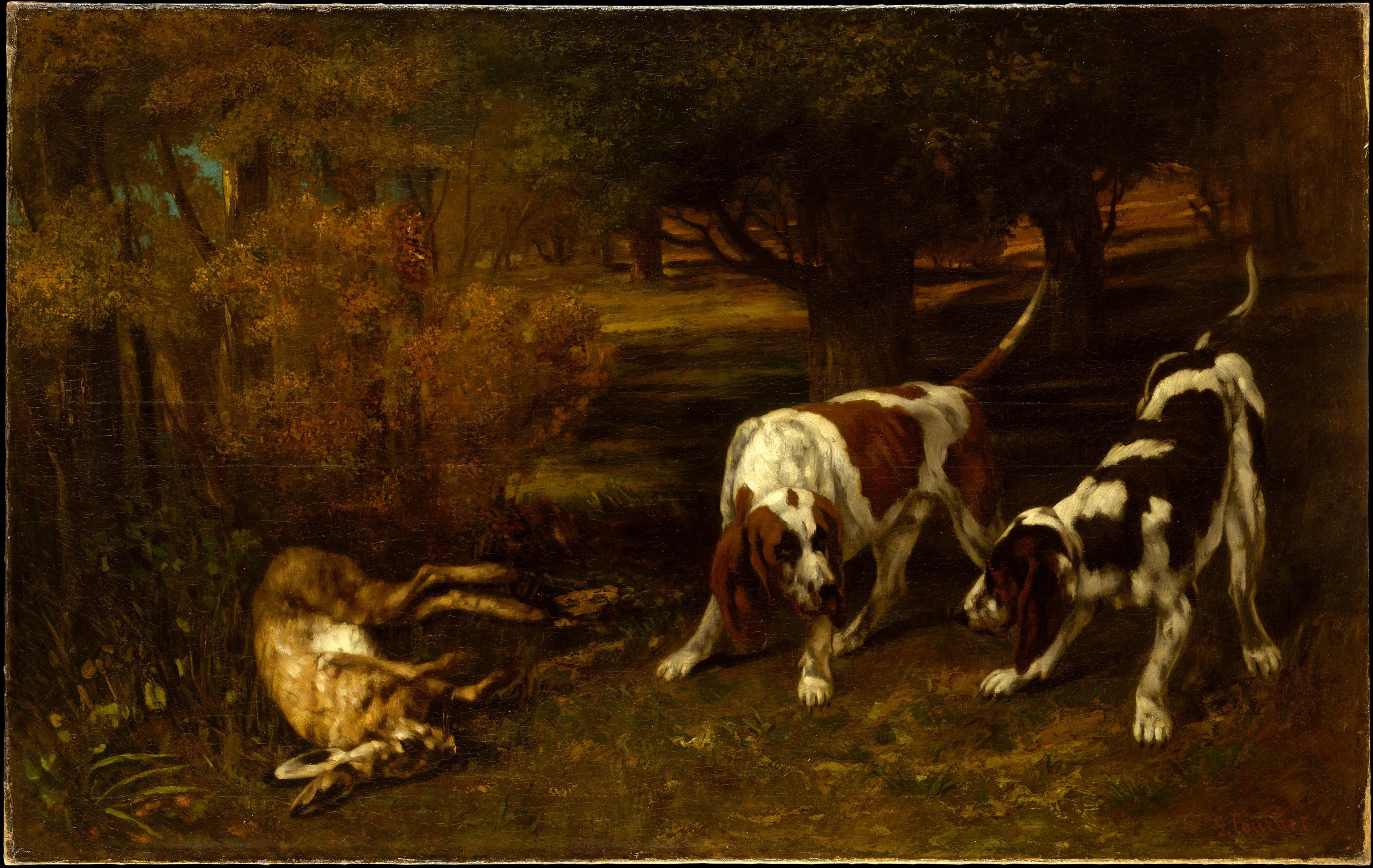 pets, Gustave Courbet, dog, animal family, auto post production filter, outdoors, transfer print, vertebrate, tree, classic art, animal wildlife, full length, HD Wallpaper