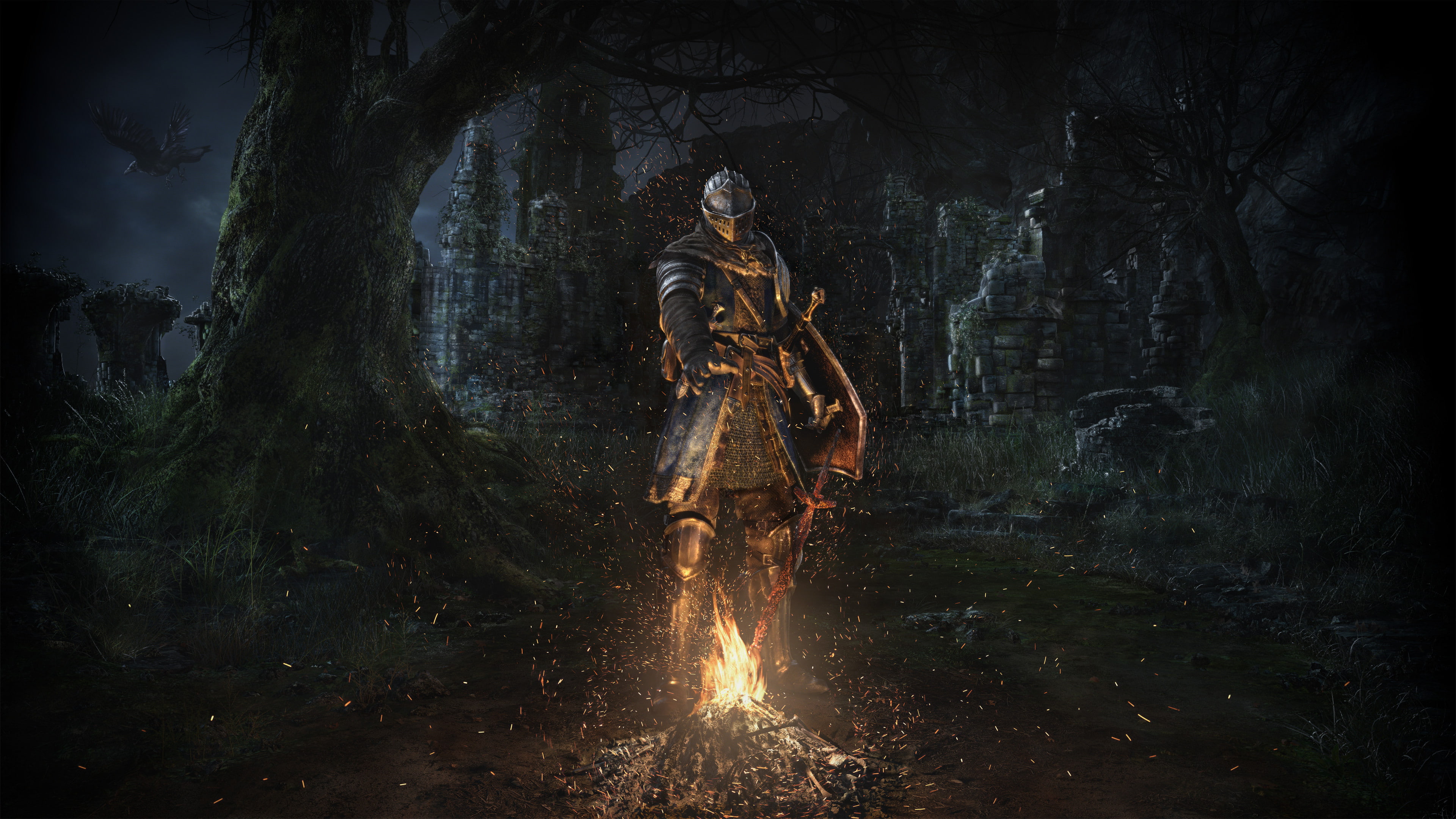 knight, castle, video games, Dark Souls: Remastered, Trees, fire, Dark Souls, 4K, night, HD Wallpaper