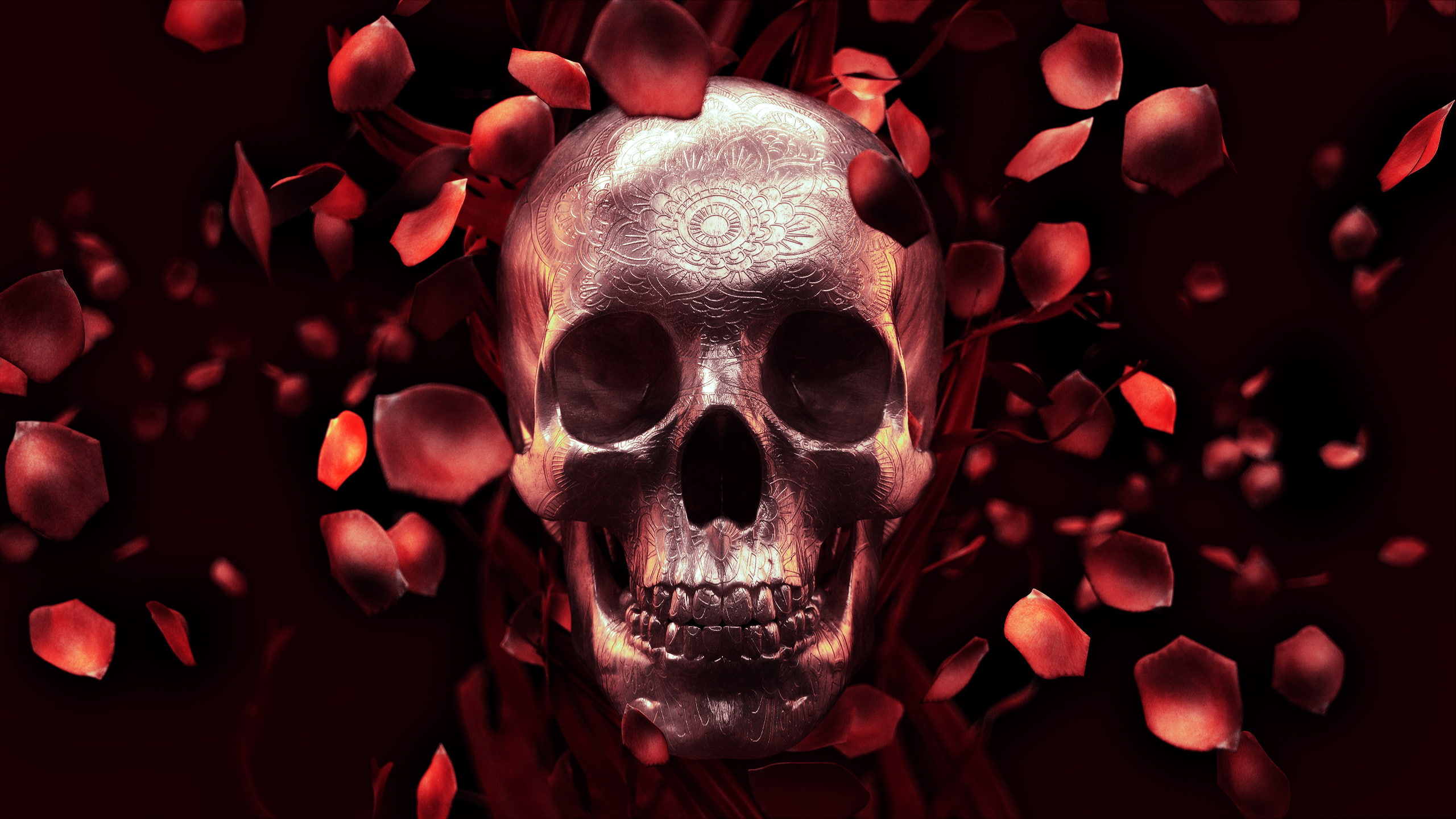 Dark background, Red, Skull, Rose petals, 2K, HD Wallpaper