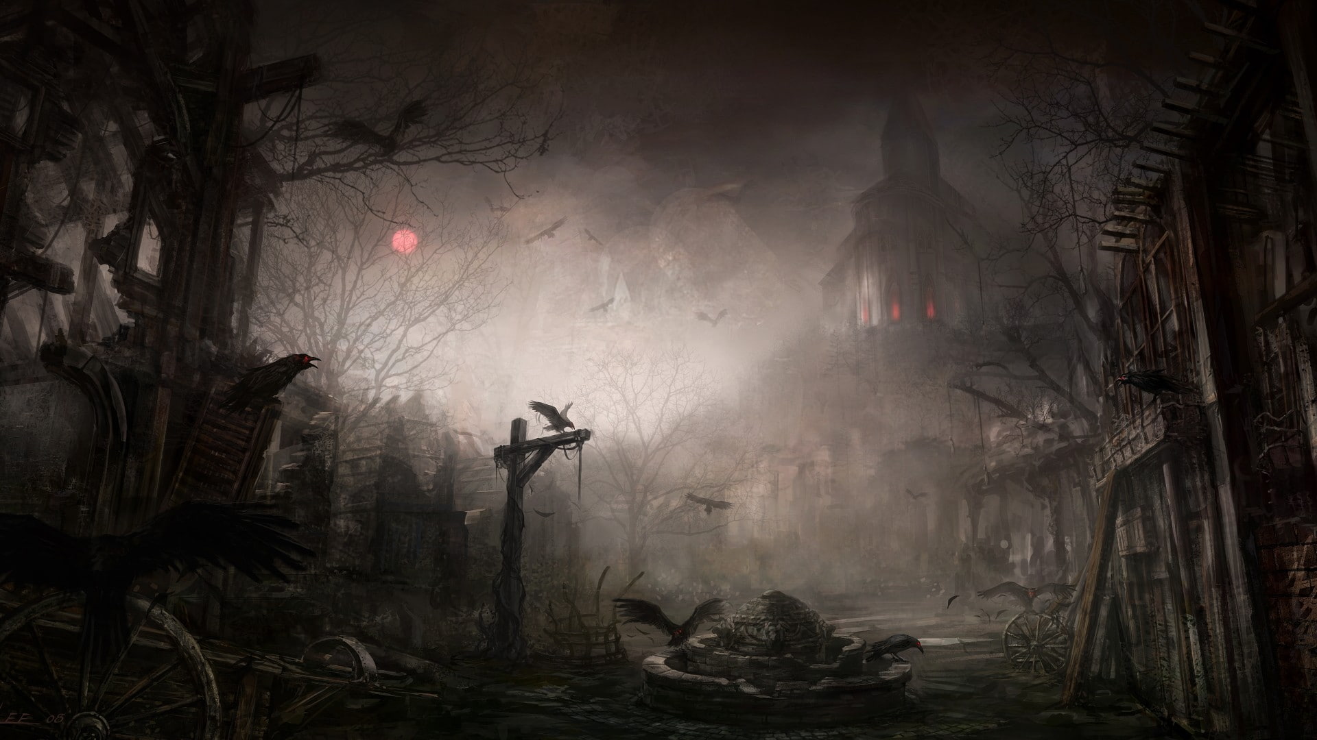 sign, 1080P, dark, architecture, spooky, warning sign, tree, building, people, smoke - physical structure, burning, fog, plant, celebration, demon - fictional character, HD Wallpaper