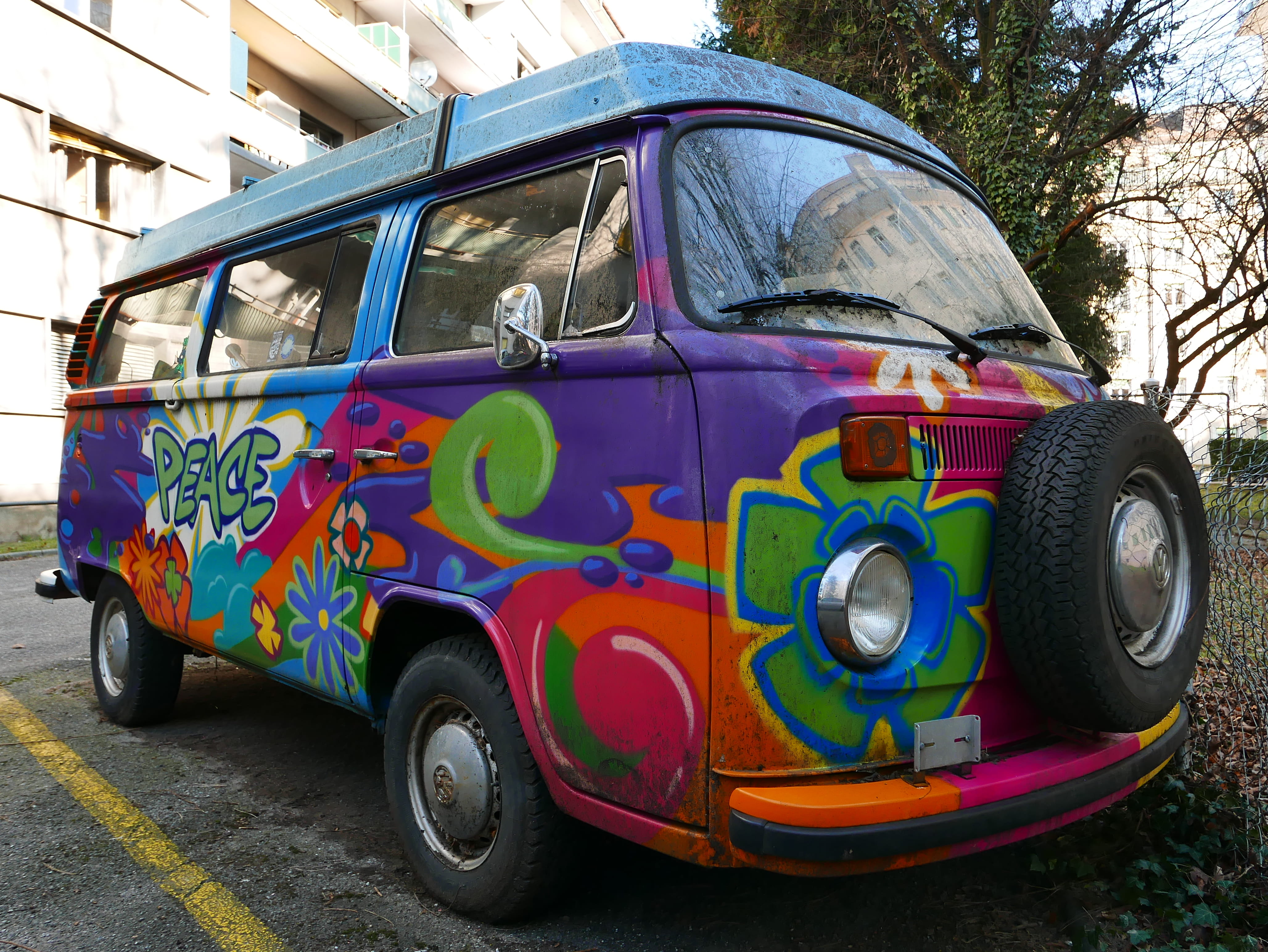camper, colorful, tree, outdoors, motor vehicle, day, wheel, transportation, reflection, multi colored, retro styled, geneva, plant, road, vw, no people, HD Wallpaper