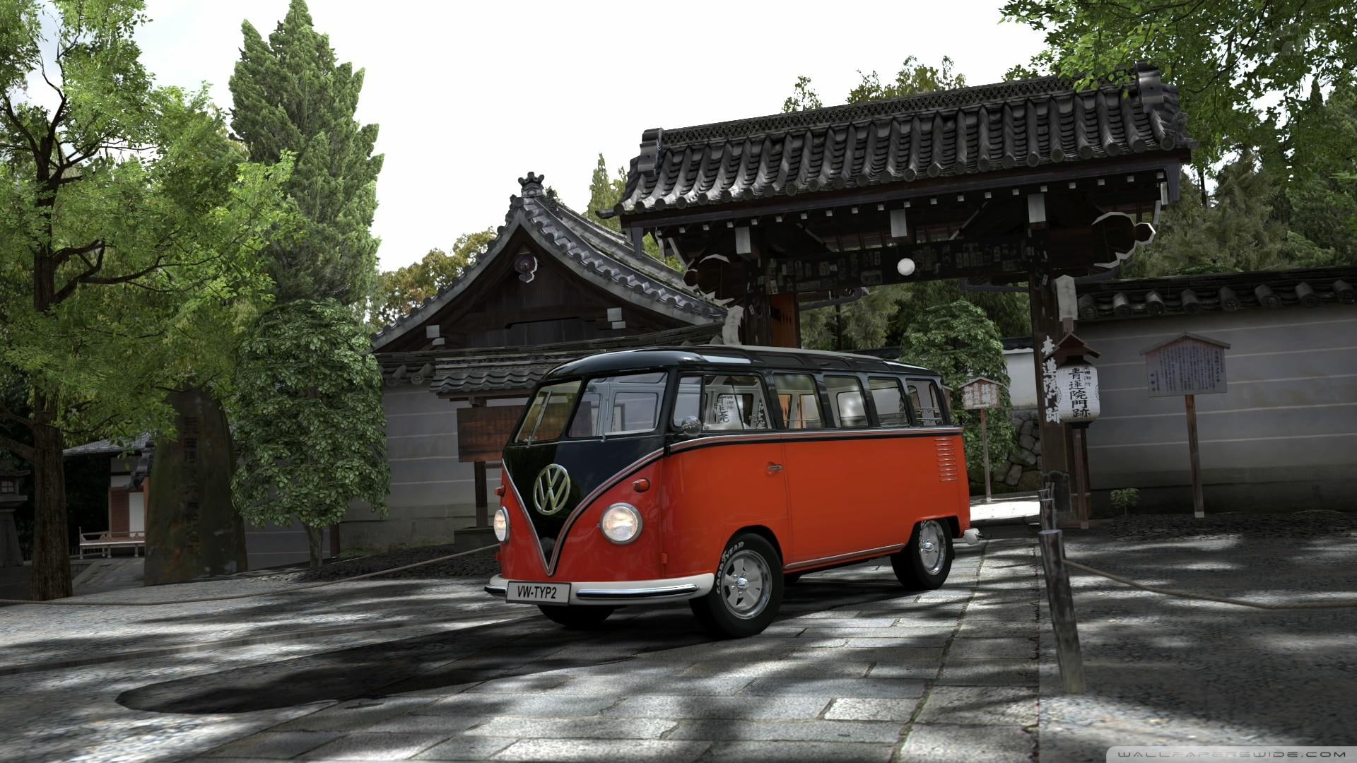vintage, bus, gate, volkswagen, van, red, driveway, shrine, cars, 1080P, vw, black, HD Wallpaper