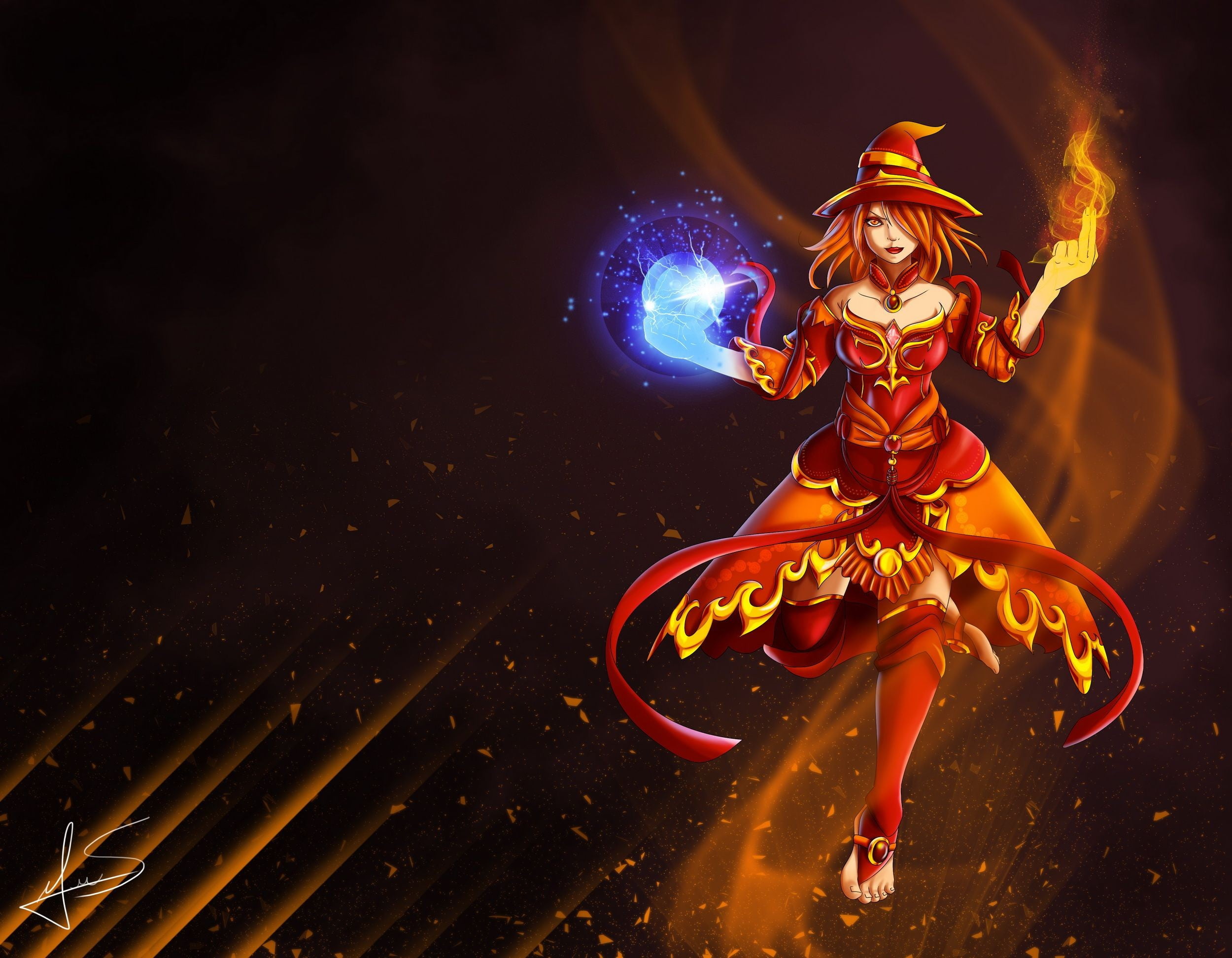 character, Dota, front view, red, hat, anime, nature, digital composite, clothing, fashion, real people, heat - temperature, dancing, motion, young adult, HD Wallpaper