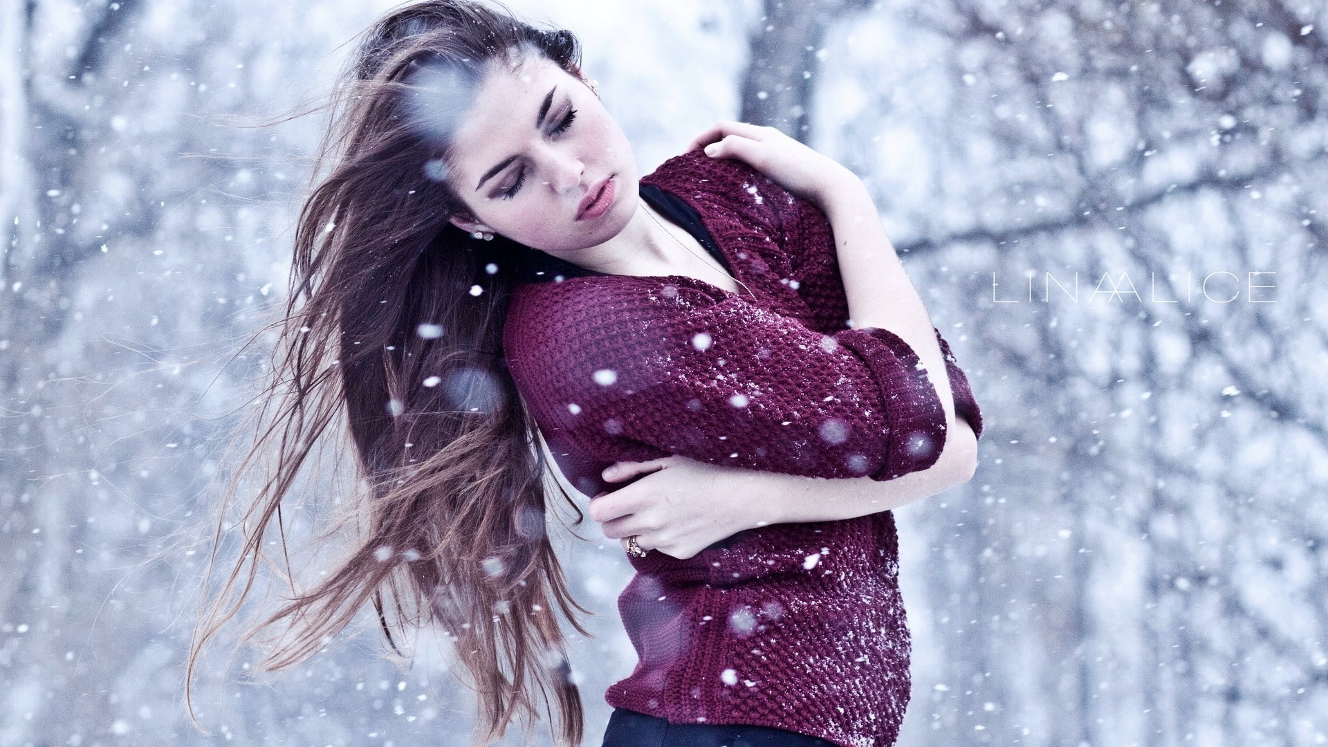 women, women outdoors, Lina, snow, closed eyes, model, winter, sweater, cold, long hair, 1080P, HD Wallpaper
