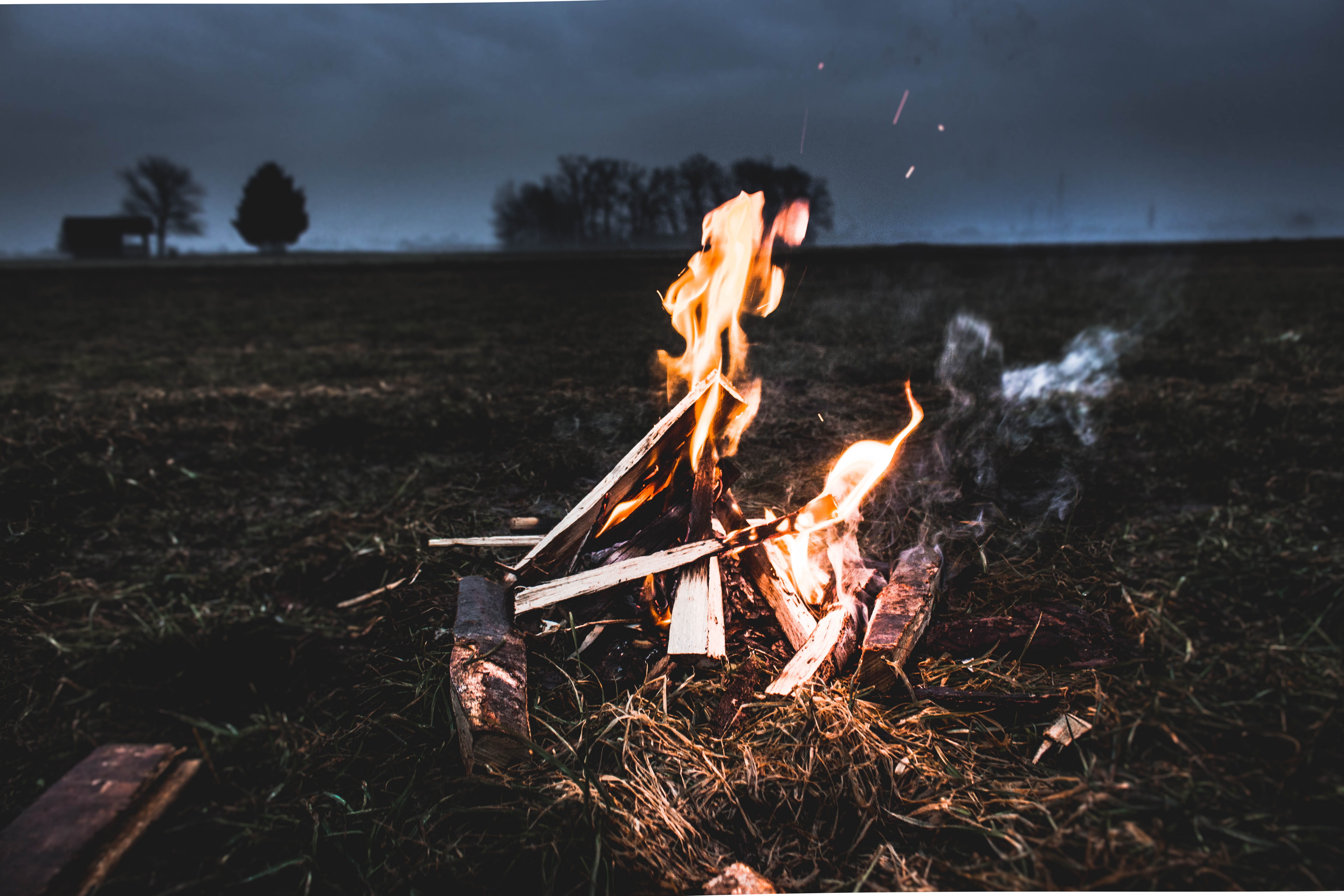 nature, camping, bonfire, nighttime, outdoors, motion, plant, sky, field, fireplace, land, flame, firewood, burning, wood - material, burn, campfire, dusk, HD Wallpaper