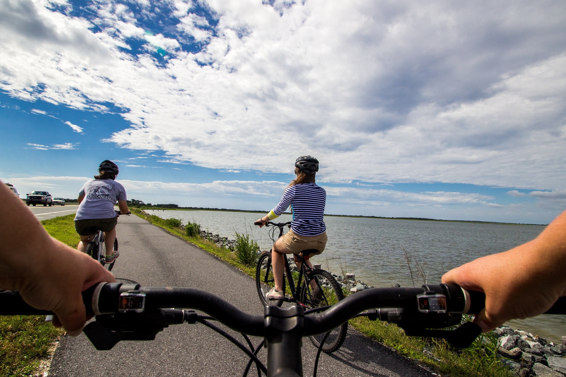 beach, people, activity, ocean, adult, group of people, cycling, mid adult, sanctuary, cloud - sky, lifestyles, road, daytime, sky, path, scenic, clouds, HD Wallpaper