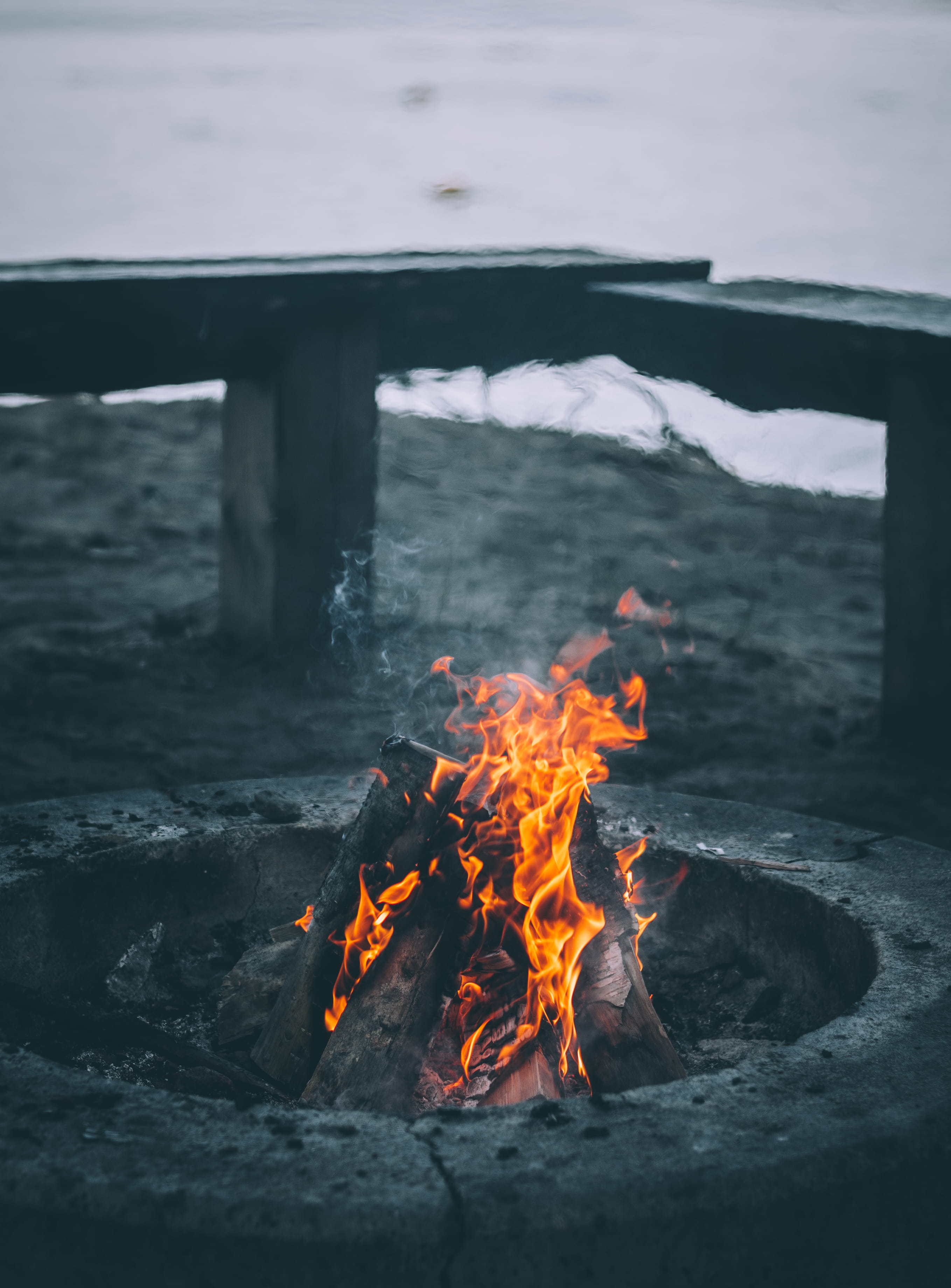 gray, red, burn, daytime, fire, photo, flame, beauty in nature, log, environment, smoke - physical structure, no people, bench, inside, 2K, motion, water, Phone HD Wallpaper