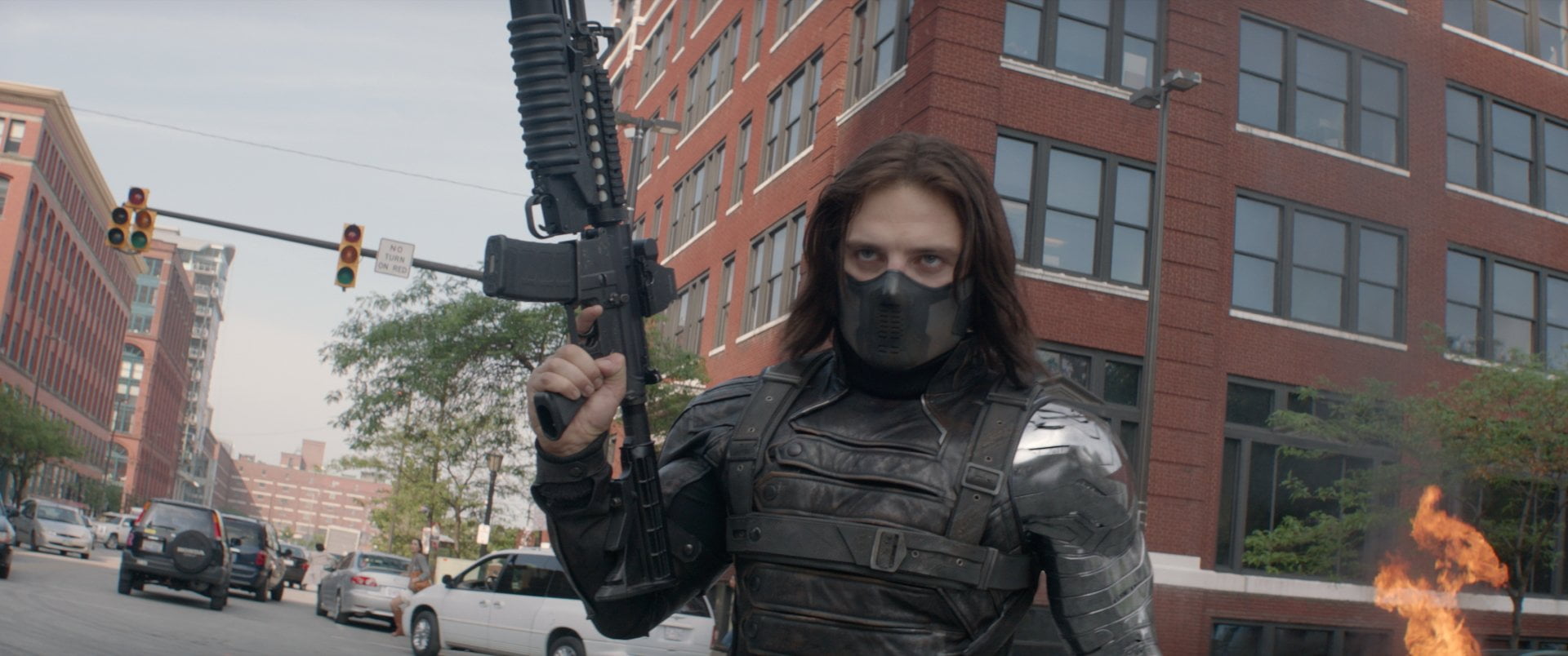 portrait, built structure, one person, clothing, Captain America, city, holding, aggression, front view, Sebastian Stan, waist up, real people, street, HD Wallpaper