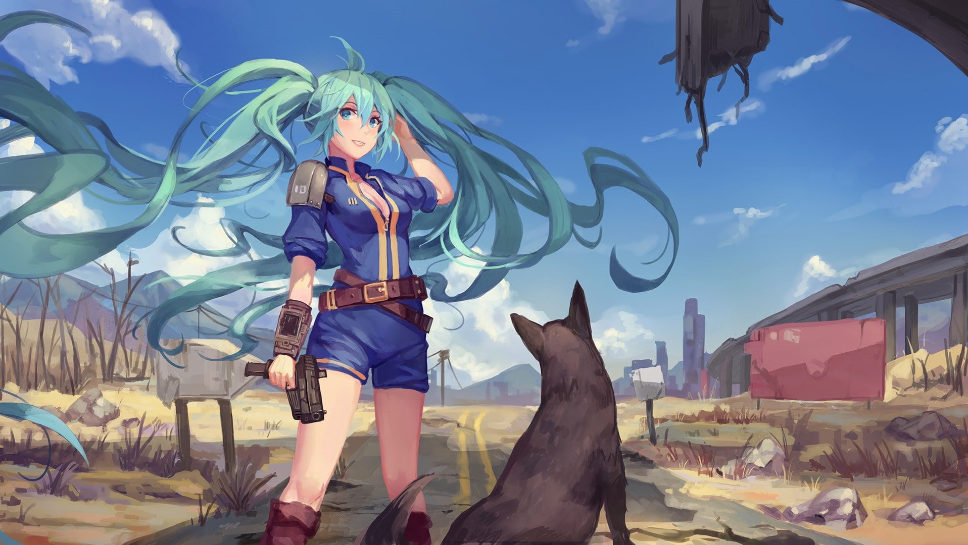 720P, gun, Crossover, Anime Girls, dog, Hatsune Miku, twintails, vocaloid, Fallout 4, apocalyptic, Fallout, weapon, pistol, HD Wallpaper