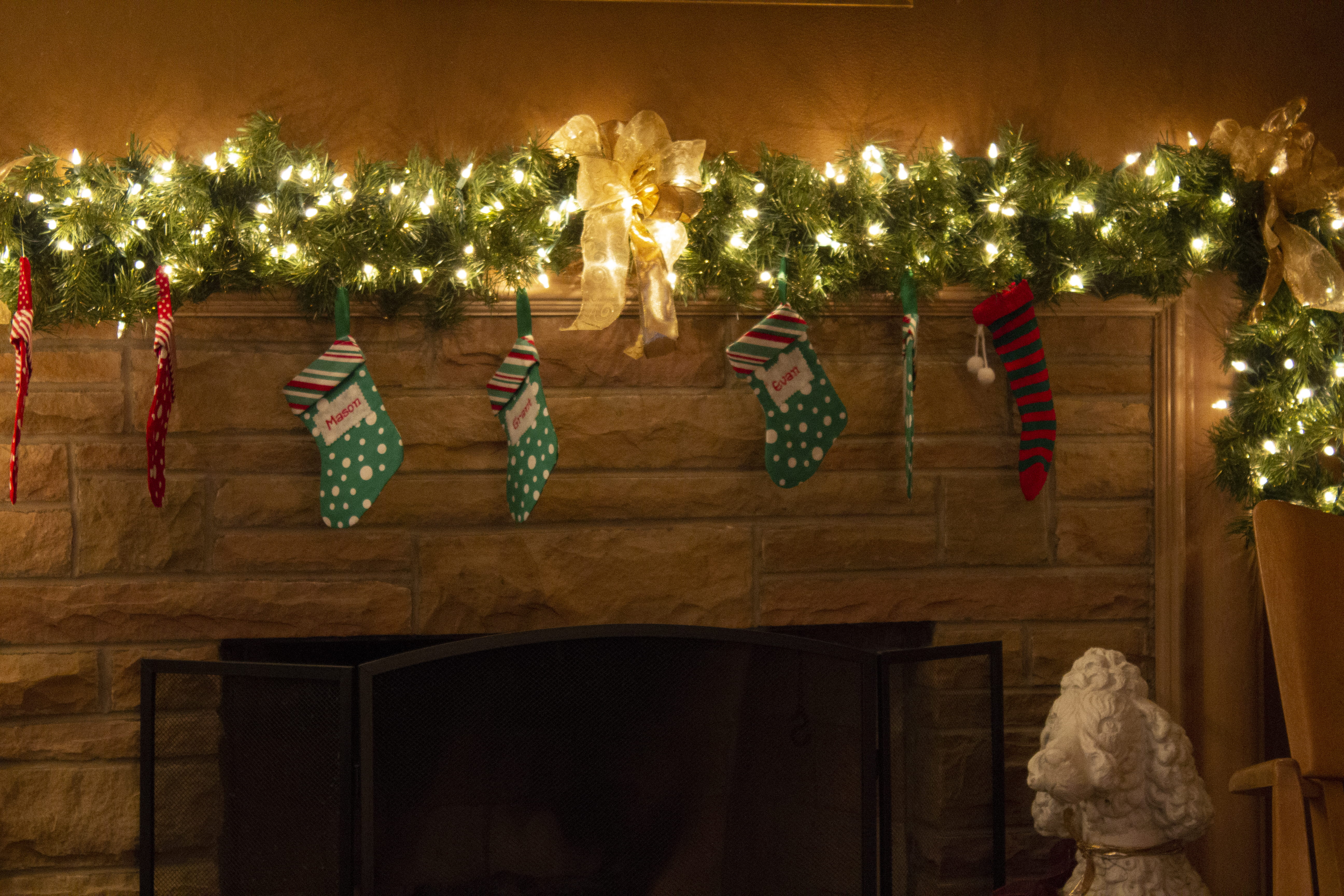 night, string, decoration, christmas tree, christmas decoration, wreath, male likeness, holidays, human representation, tree, plant, 5K, hearth, celebration, HD Wallpaper