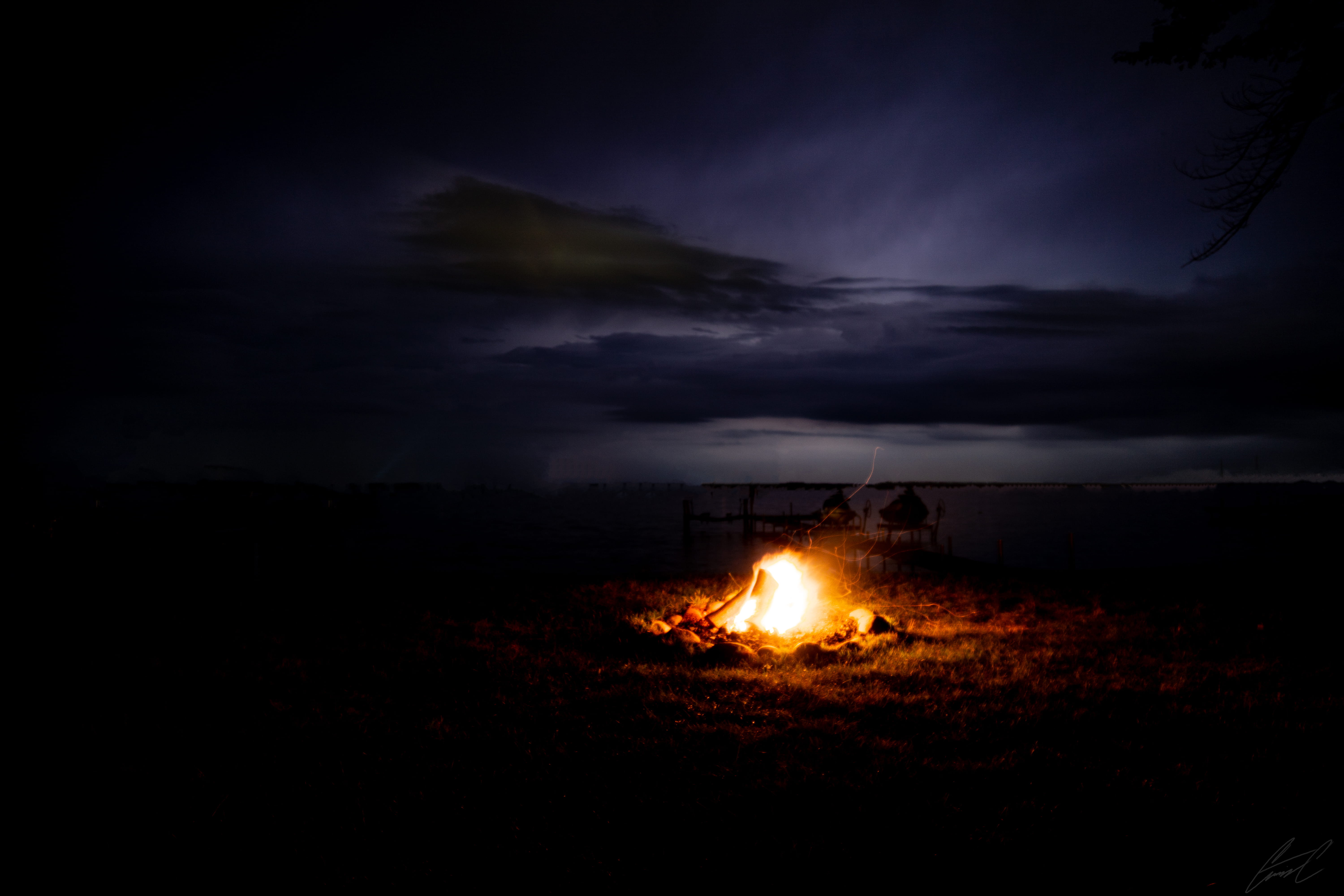 lightning, fire, plant, outdoors, illuminated, pollen, nature, heat - temperature, bonfire, power in nature, nighttime, chair, cloud - sky, environment, HD Wallpaper