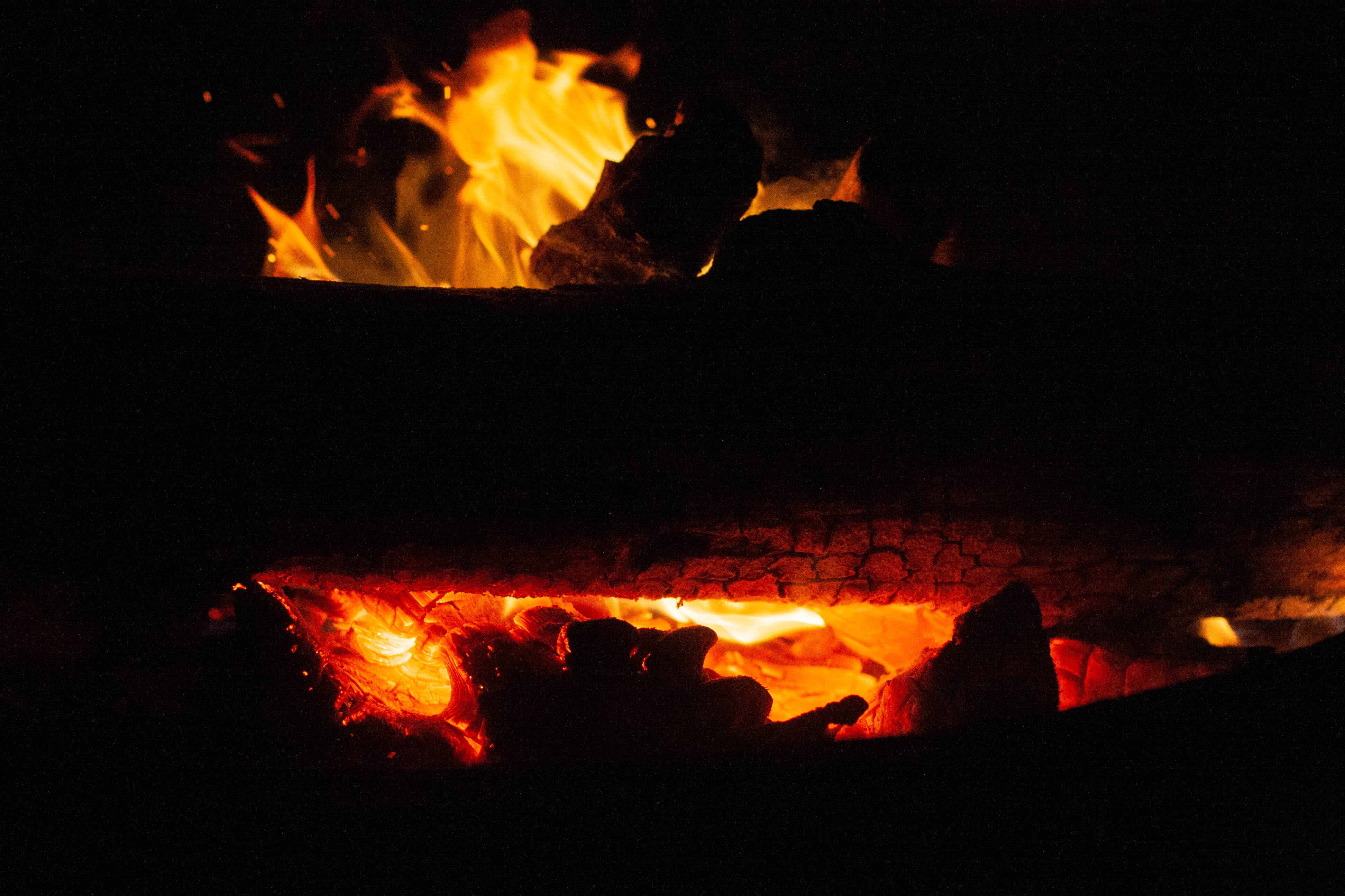 warning sign, summer, bonfire, burning, volcano, 4K, log, fire pit, fire, flame, wood, wilderness, orange color, motion, outdoors, glowing, nature, black background, HD Wallpaper