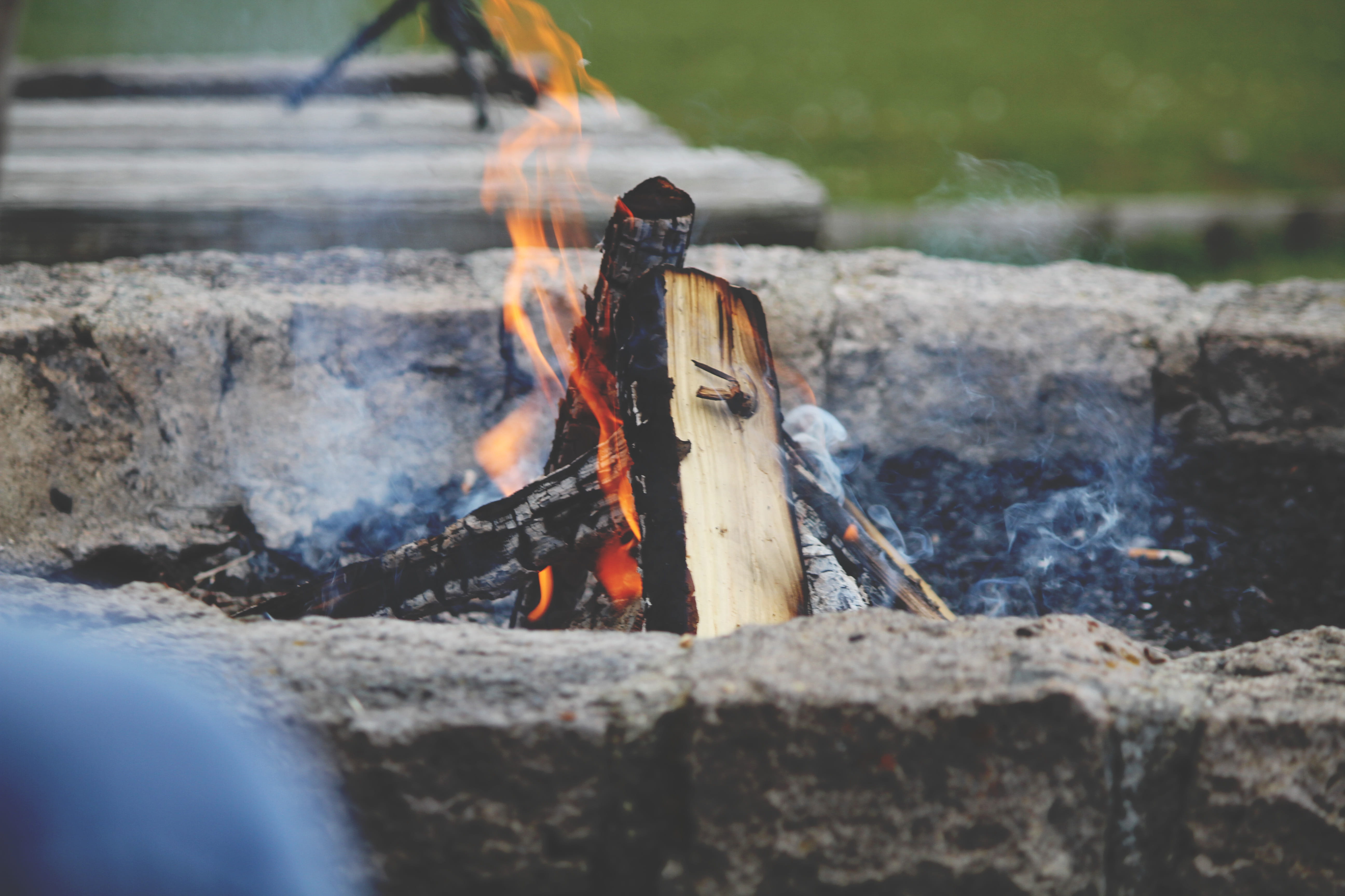 on fire, solid, log, water, photo, fireplace, day, no people, fire pit, daytime, camp fire, rock - object, campfire, heat - Temperature, flame, firewood, HD Wallpaper