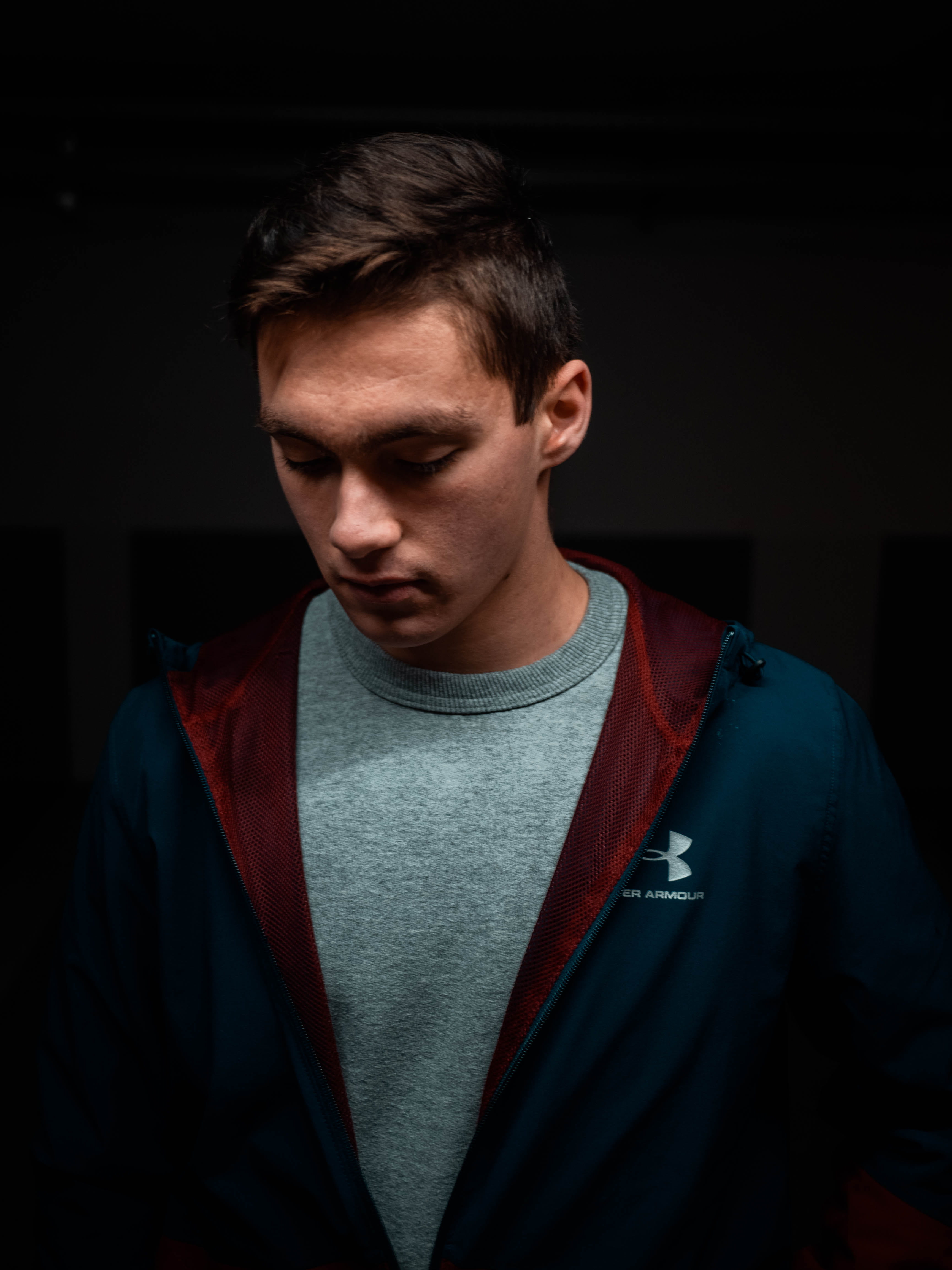 young adult, red, zip, lifestyles, adult, apparel, wearing, strasbourg, graduation, coat, plywood, human, looking, studio shot, portrait, france, casual clothing, Phone HD Wallpaper