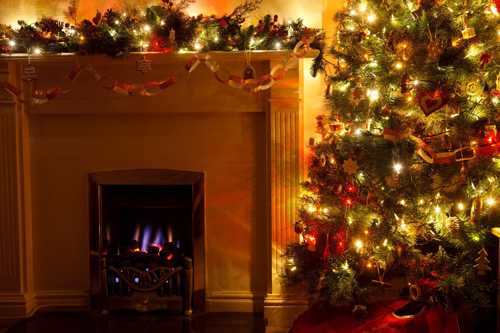 tree, christmas tree, lifestyles, holiday, home interior, eve, cozy, warm, home, nature, fire, plant, flame, lights, xmas, decoration, illuminated, december, HD Wallpaper
