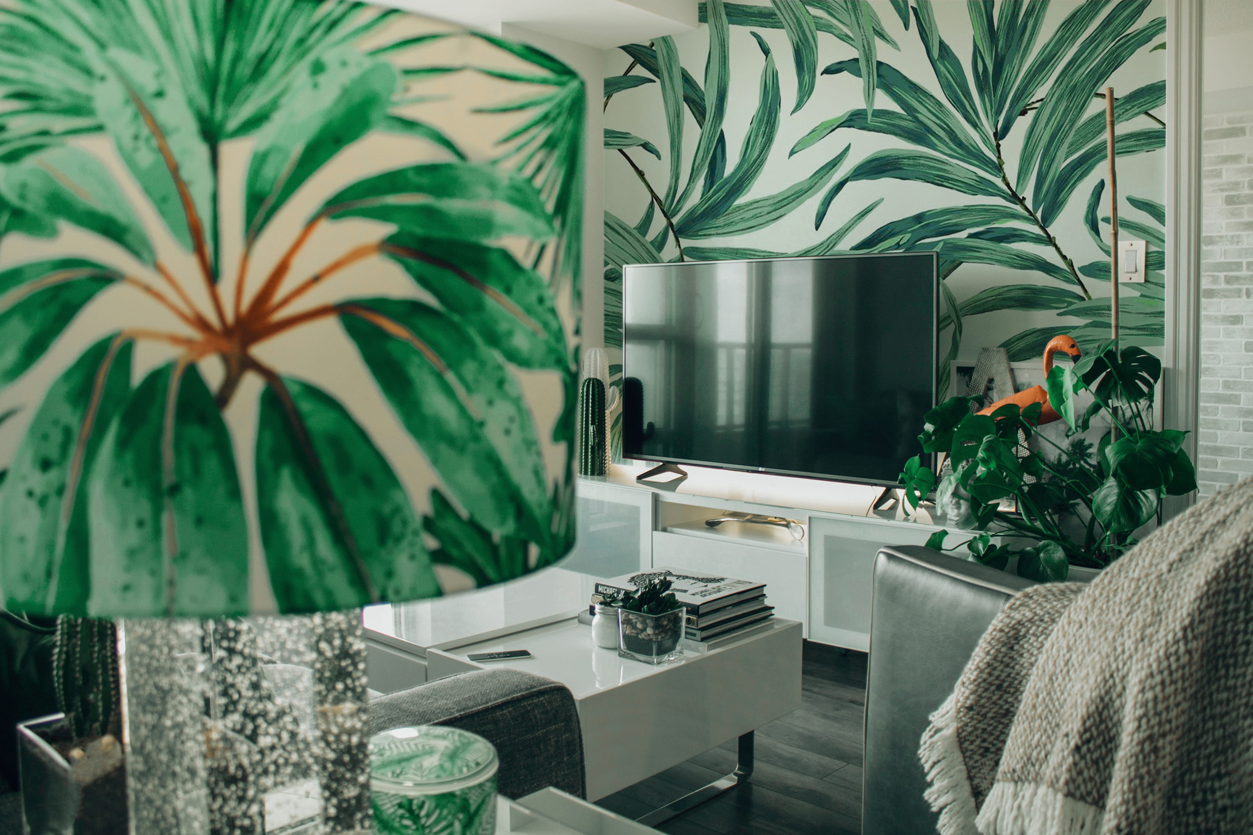 sofa, plants, white, nature, interior design, flamingo, modern home, contemporary, style, lamp, furniture, design space, growth, lampshade, couch, HD Wallpaper