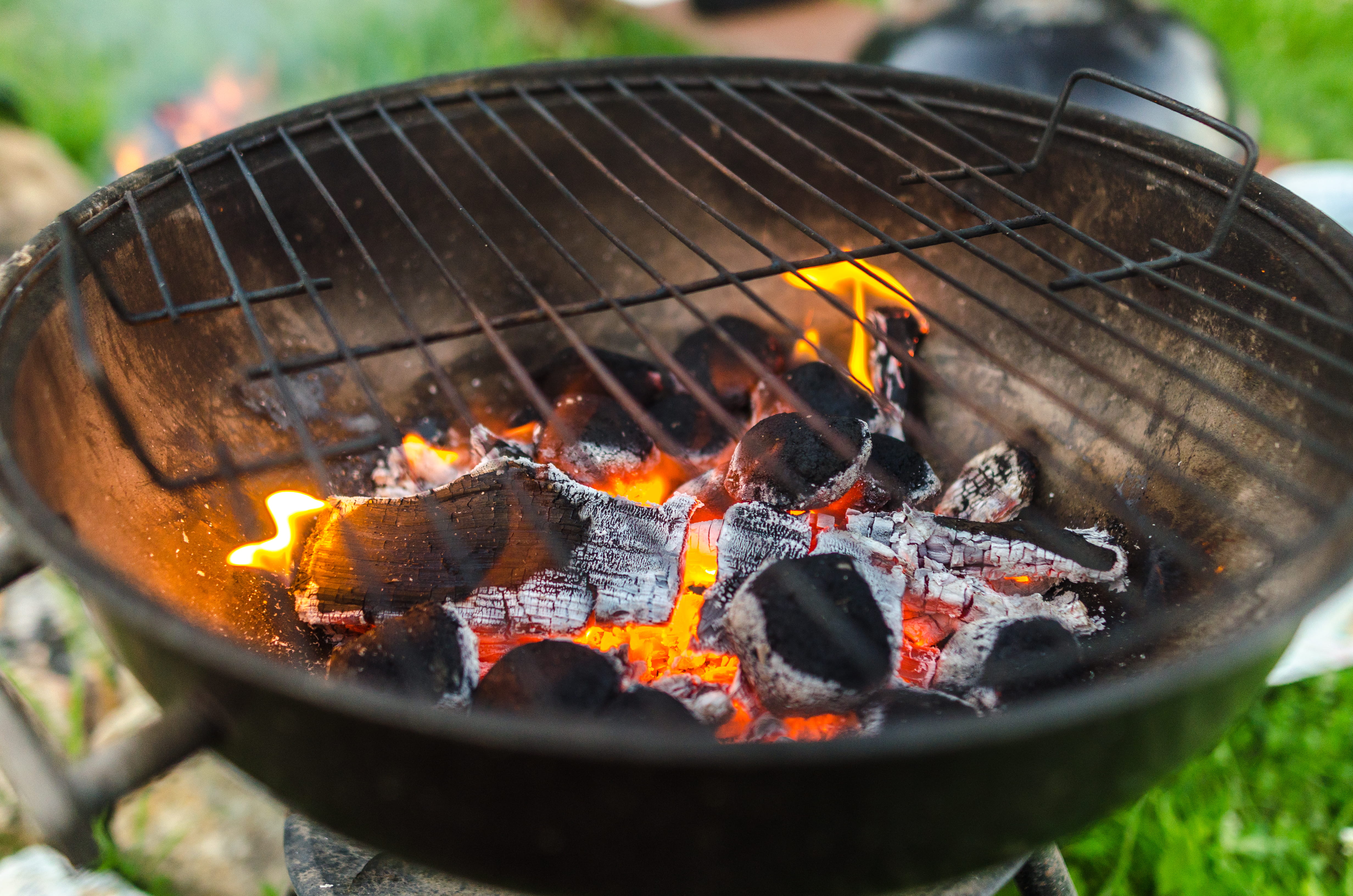 barbecue grill, light, blaze, grilling, black, outdoors, burnt, bonfire, embers, yellow, log, focus on foreground, food, meat, wood, fire, coals, barbecue, HD Wallpaper
