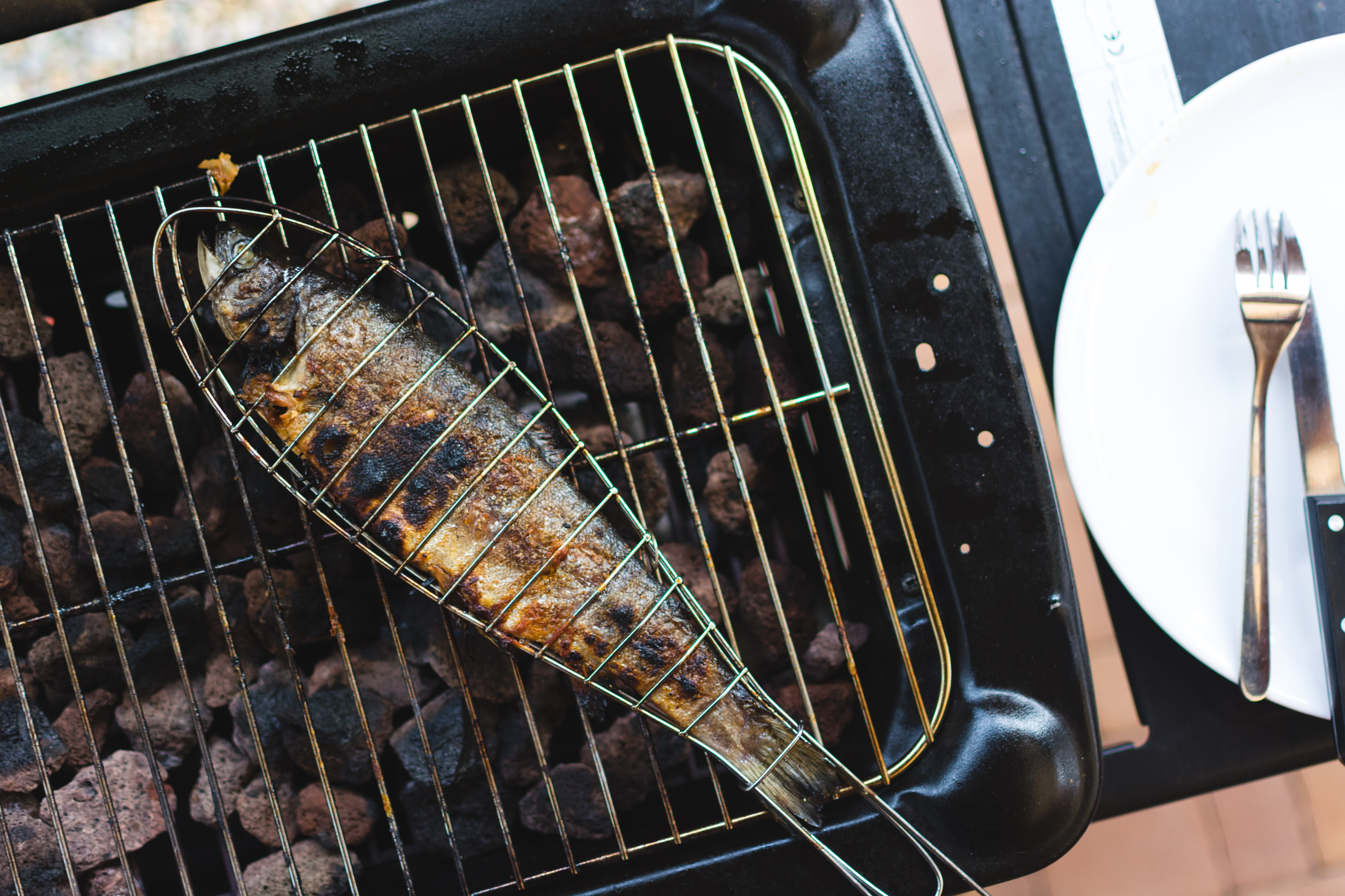 preparing food, grate, grilling, indoors, household equipment, metal, preparation, top view, heat - Temperature, food, barbecue Grill, barbeque, fish, 5K, HD Wallpaper