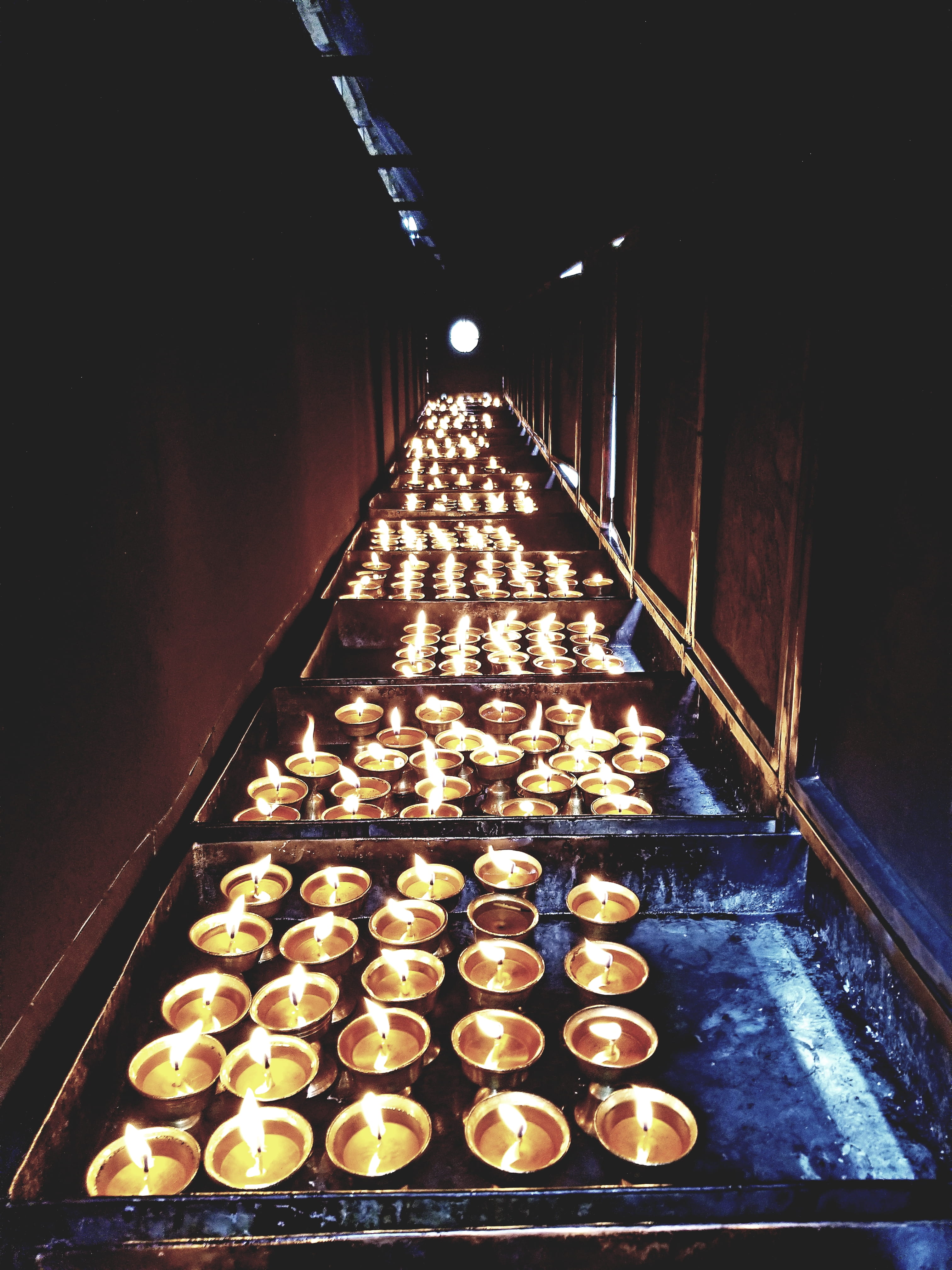 food, night, arrangement, baking sheet, tealight, flare, no people, food and drink, shelf, banister, side by side, large group of objects, handrail, ceiling, Phone HD Wallpaper