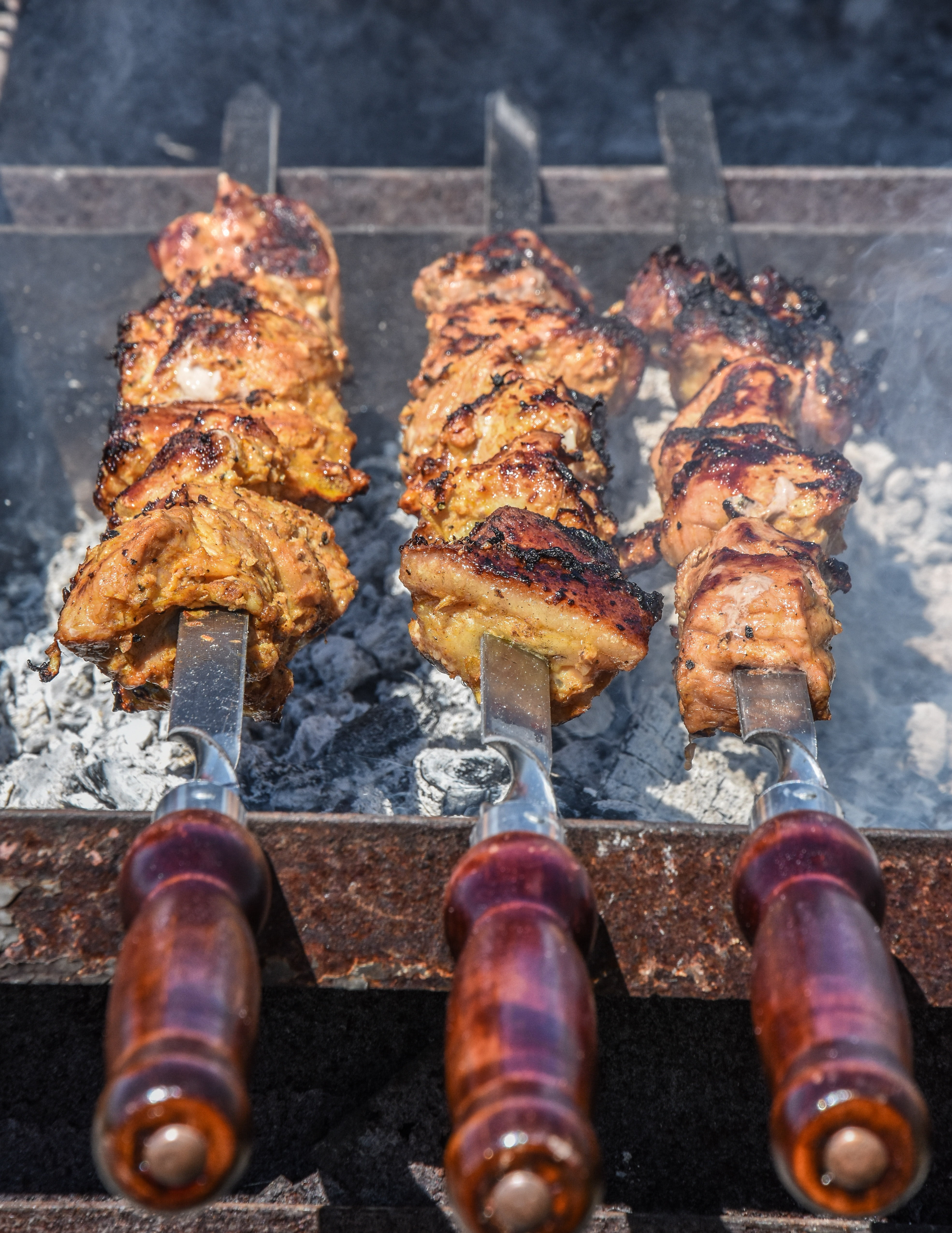 meat, ready-to-eat, picnic, holiday, family, heat - temperature, flame, outdoors, fire, close-up, skewer, skewers, barbecue grill, garden, bbq grill, three, Phone HD Wallpaper