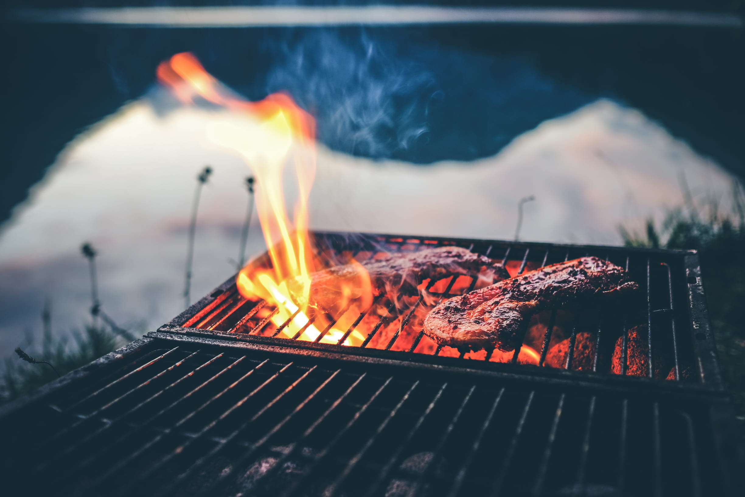 flame, barbecue, meat, barbecue grill, fire - natural phenomenon, environment, food, bbq, 1080P, food and drink, heat - temperature, smoke - physical structure, HD Wallpaper