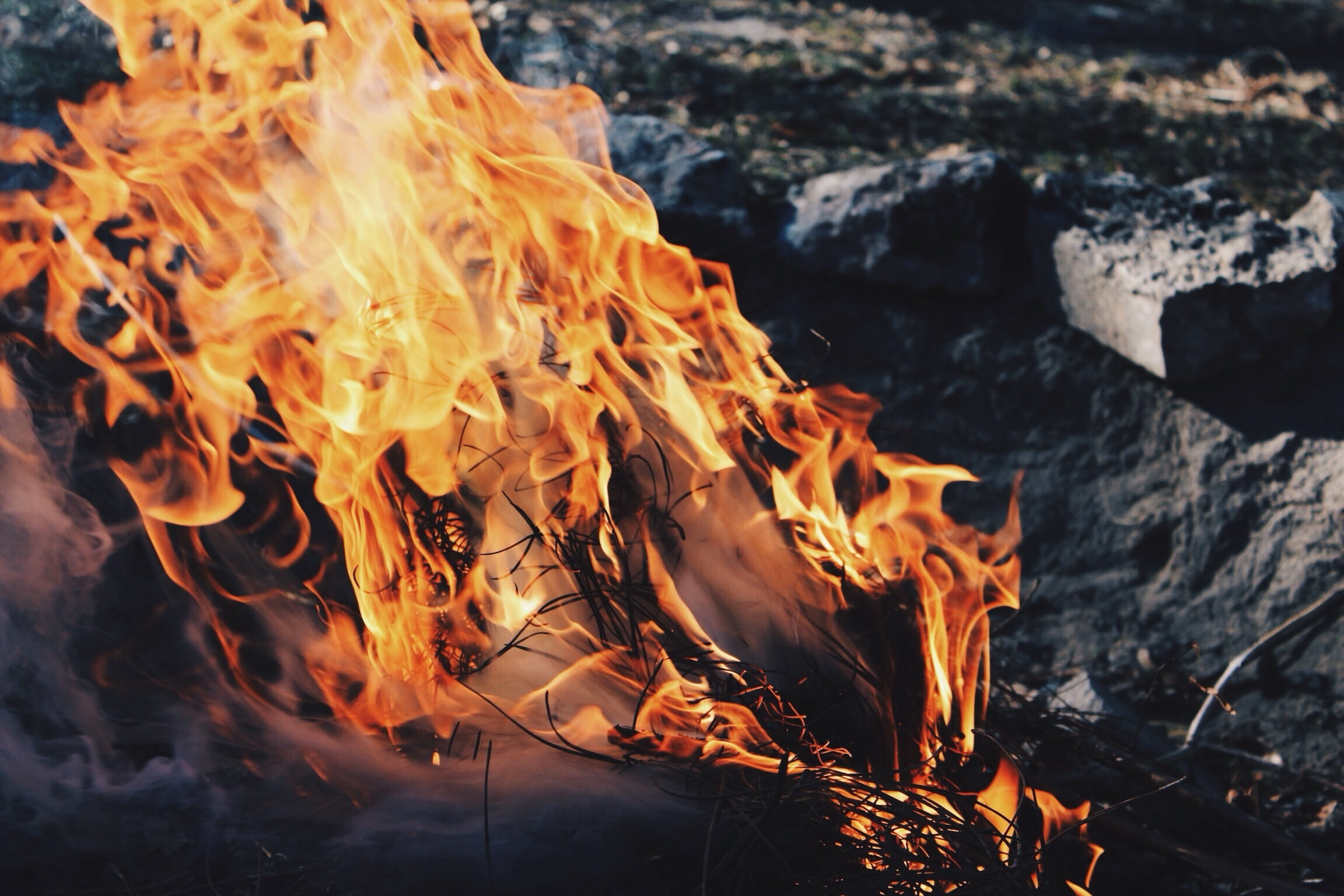 surrounded, fire, outdoors, camping, adventure, glowing, nature, danger, 1080P, no people, dark, bonfire, campfire, close-up, flame, wood - material, forest fire, HD Wallpaper