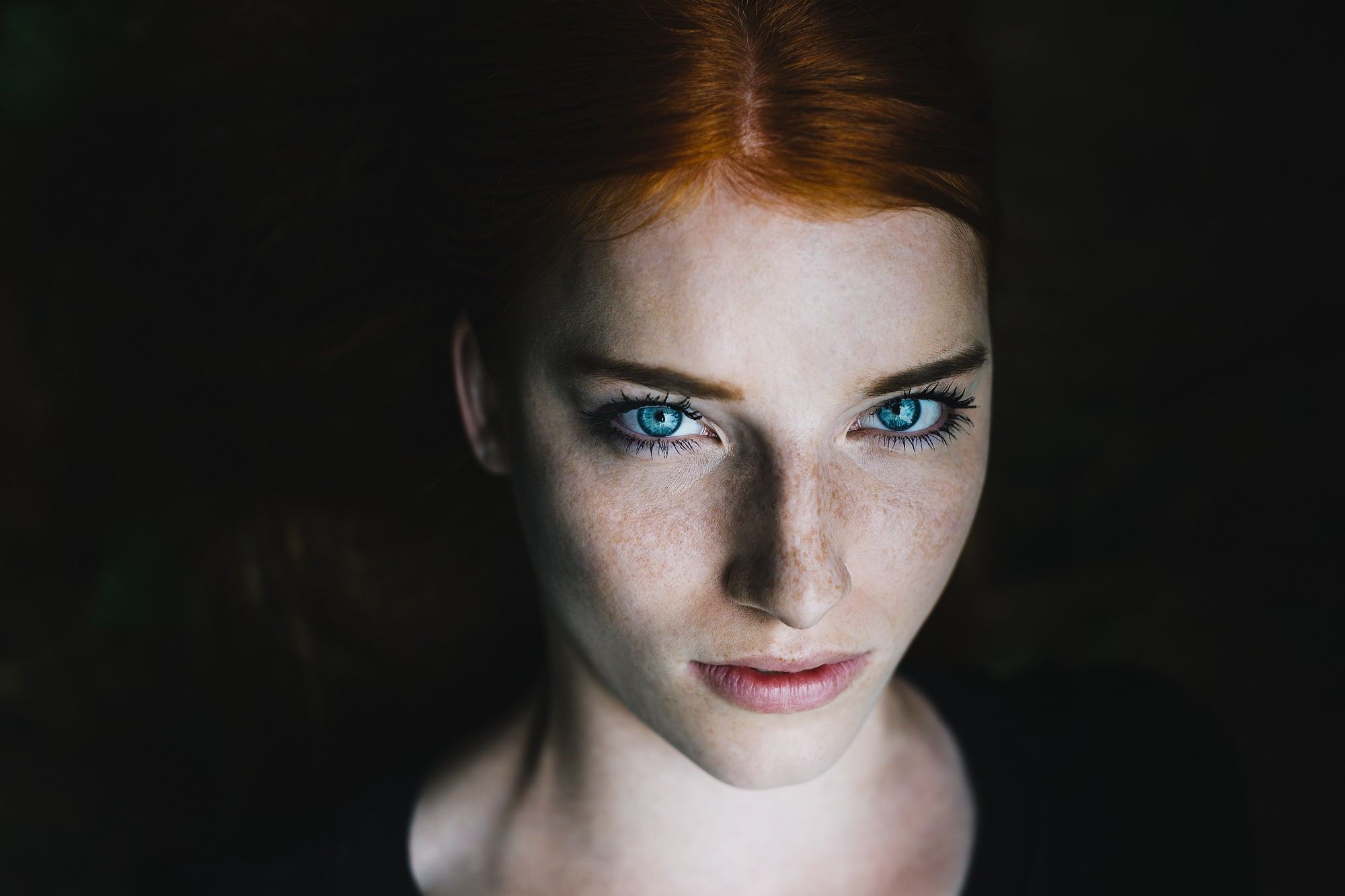 front view, beautiful people, looking at viewer, redhead, studio shot, headshot, human body part, black background, beauty, women, looking at camera, one person, HD Wallpaper