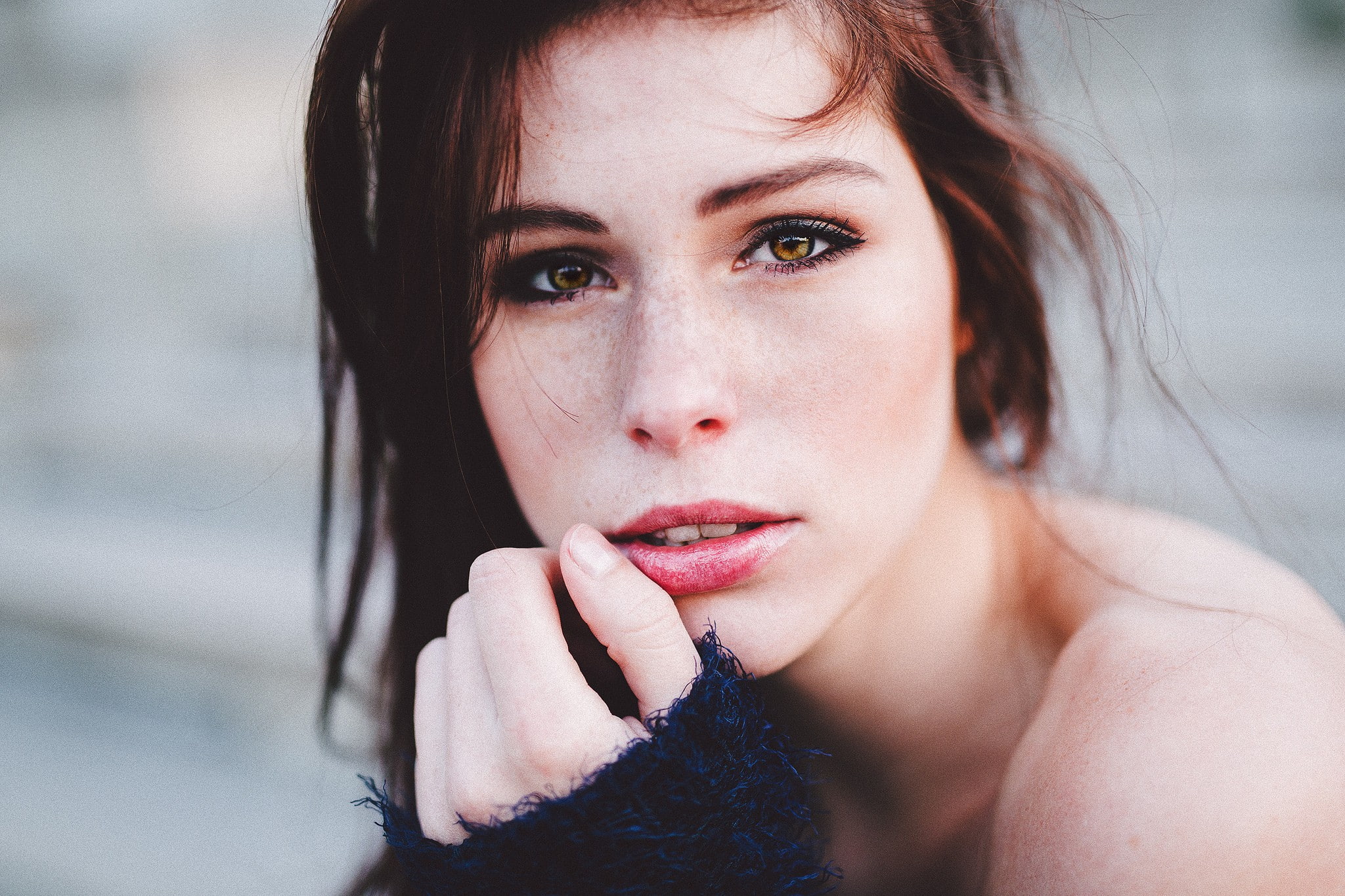 human face, headshot, leisure activity, young women, freckles, focus on foreground, one person, front view, fiery eyes, brunette, bare shoulders, adult, HD Wallpaper