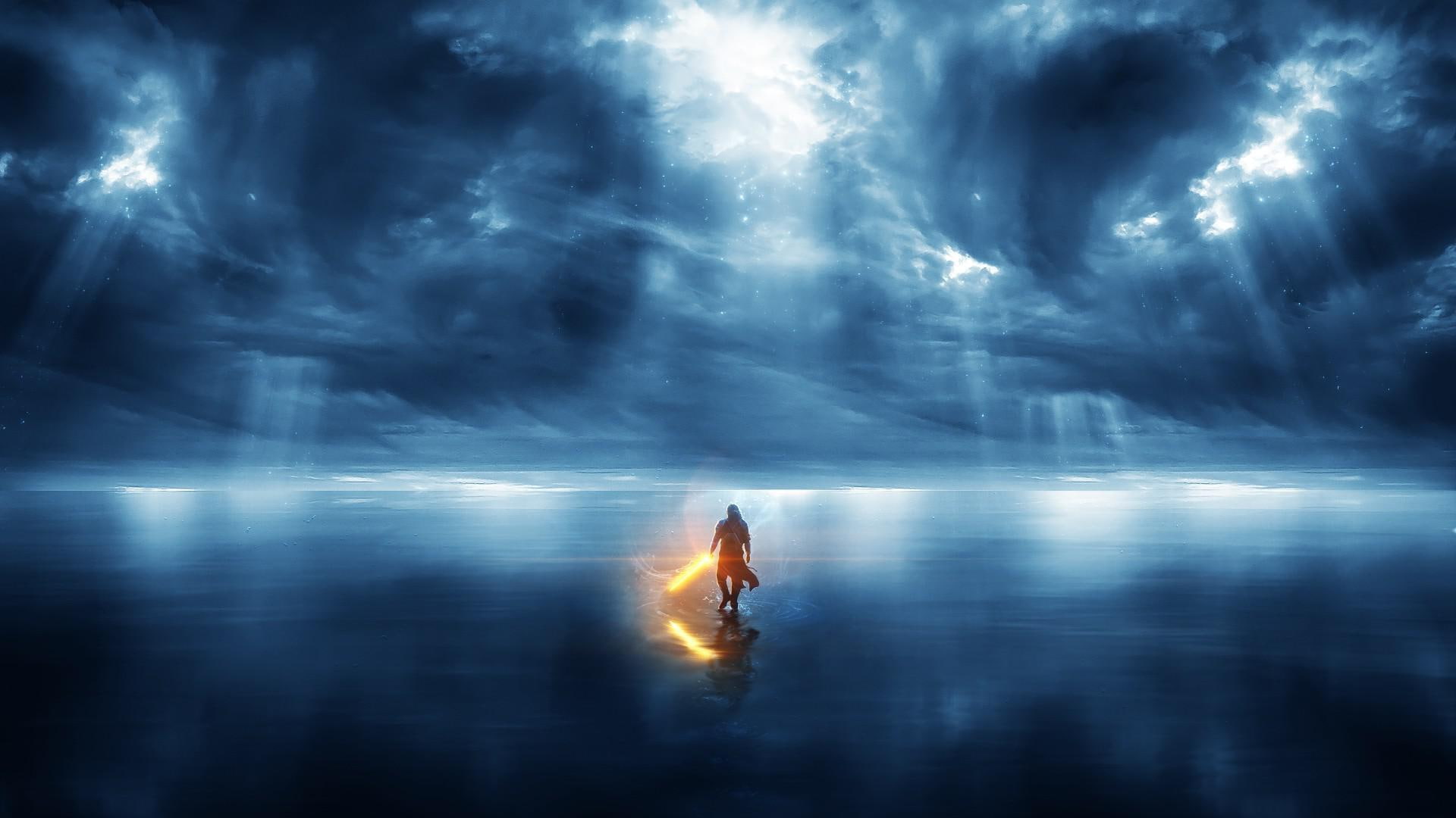 1080P, lightsaber, man, jedi, sword, flammable, illustration, digital art, holding, 1920x1080, silhouette, water, HD Wallpaper