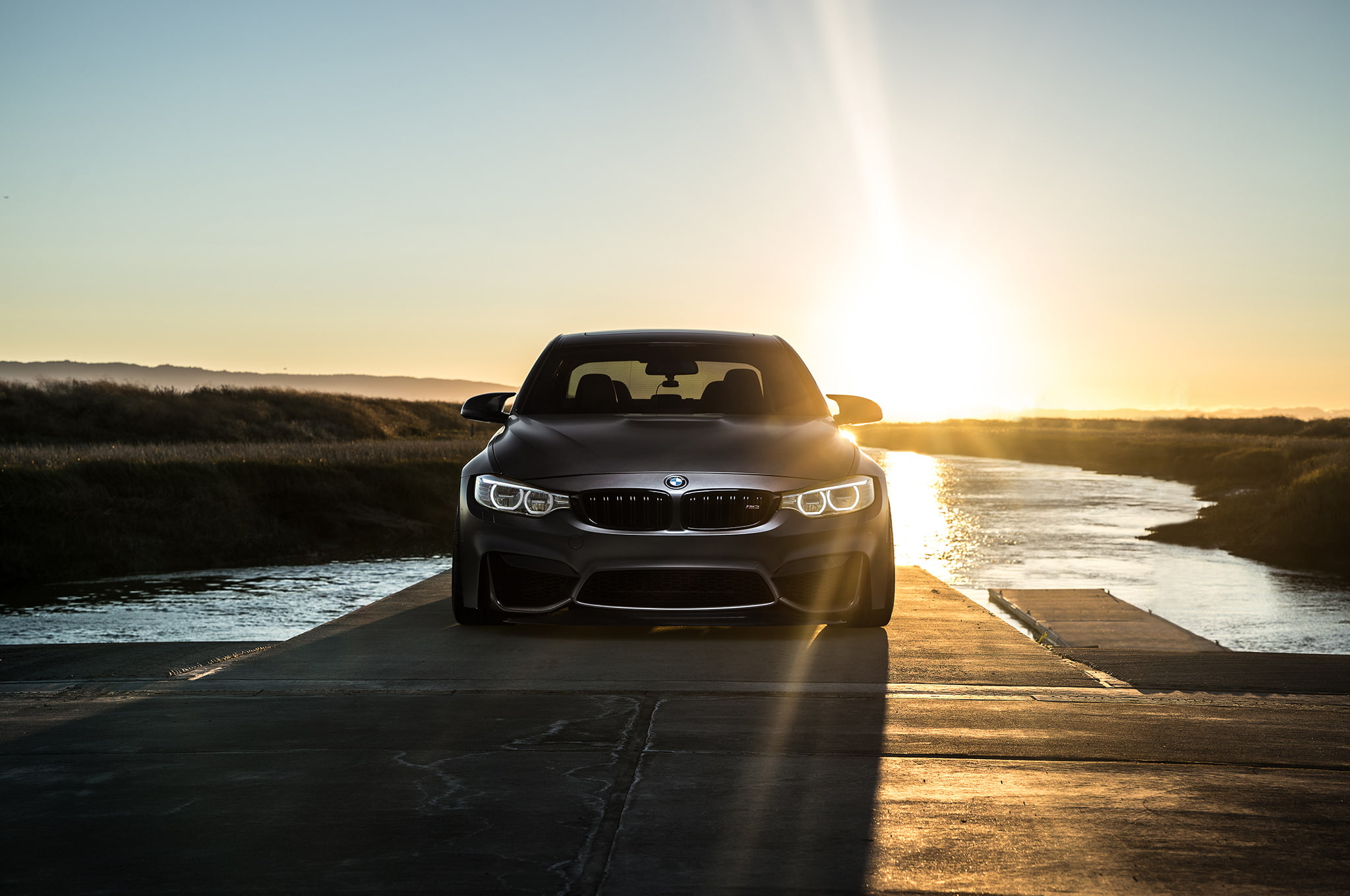 Black, clear sky, Water, sunset, BMW, sea, nature, 1080P, car, lens flare, F80, tranquility, non-urban scene, Mode, no people, reflection, beauty in nature, HD Wallpaper