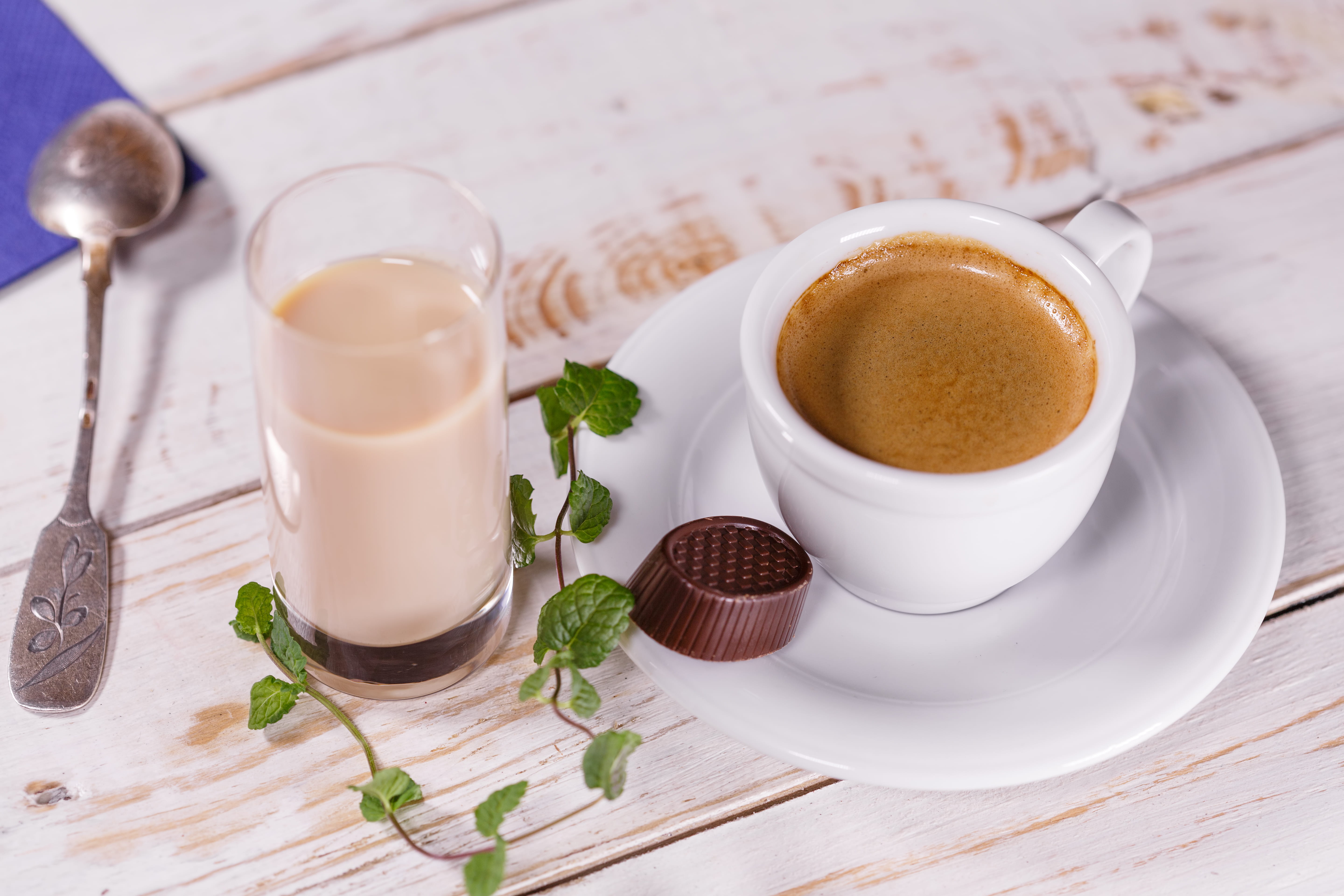 coffee cup, hot drink, high angle view, herb, food, indoors, coffee - drink, tea, glass, mug, mint leaf - culinary, drink, espresso, kitchen utensil, refreshment, HD Wallpaper