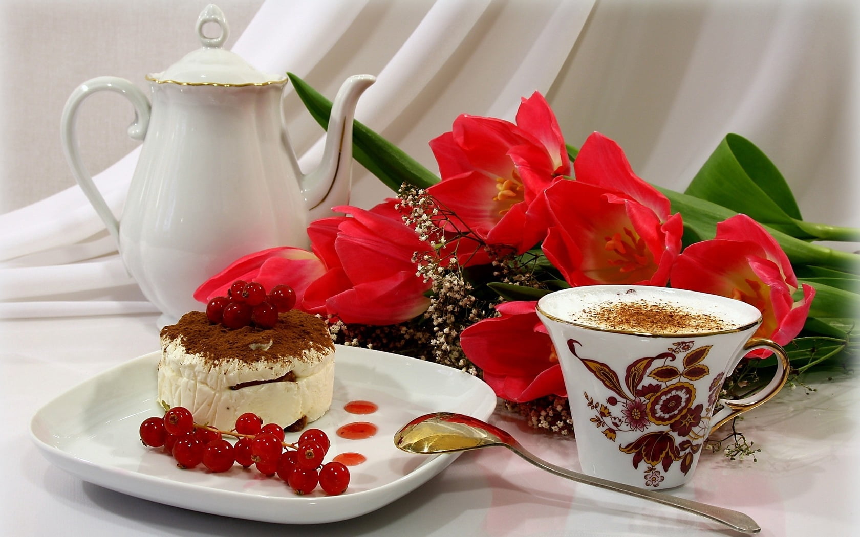 teapot, still life, berry, freshness, fruit, hot drink, currant, cappuccino, morning, decoration, milk, crockery, ceramic, sweet Food, close-up, tea cup, HD Wallpaper