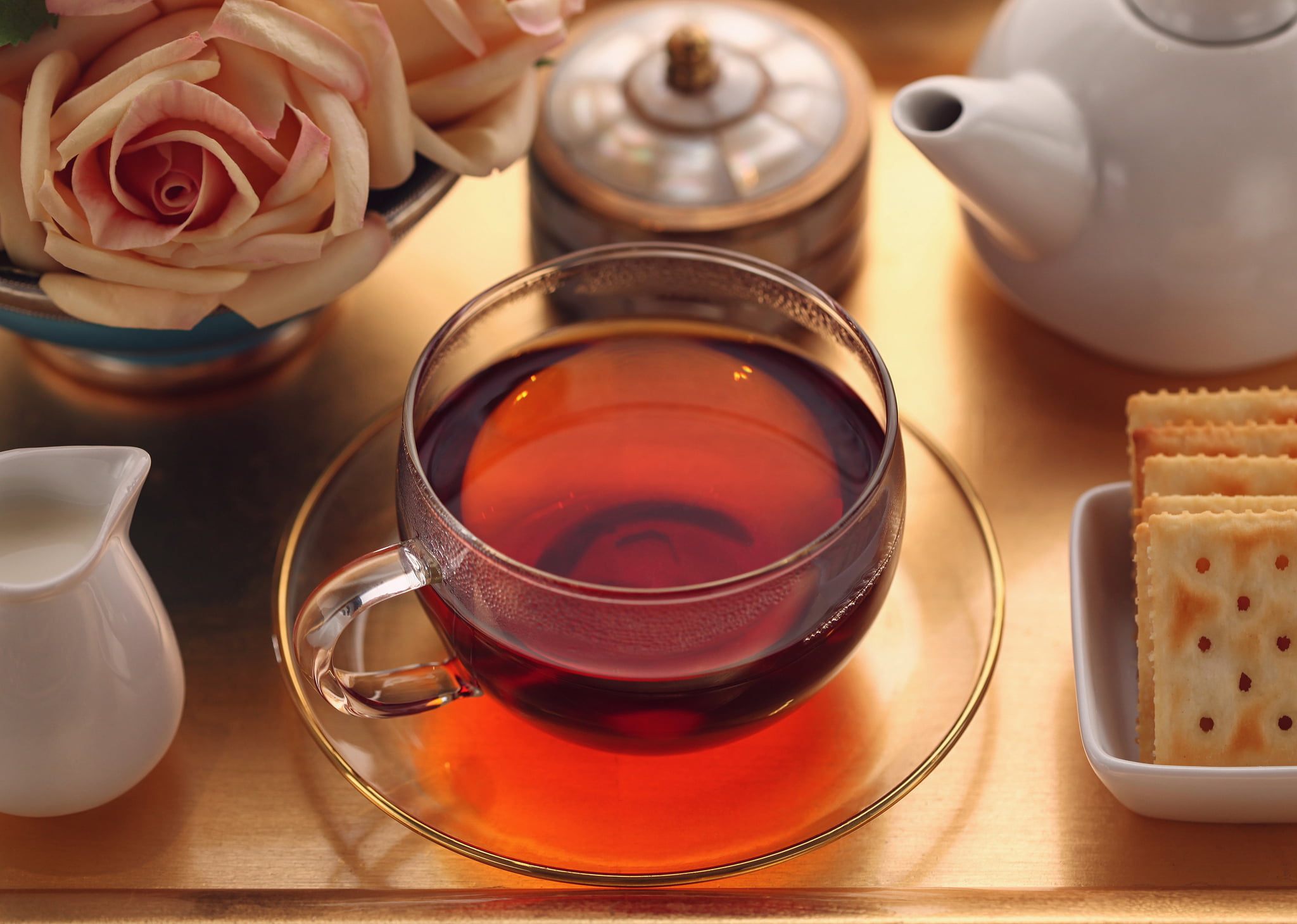 high angle view, food, tea - hot drink, baked, tea, saucer, table, clear, refreshment, 1080P, teapot, milk, close-up, glass, still life, crockery, hot drink, HD Wallpaper