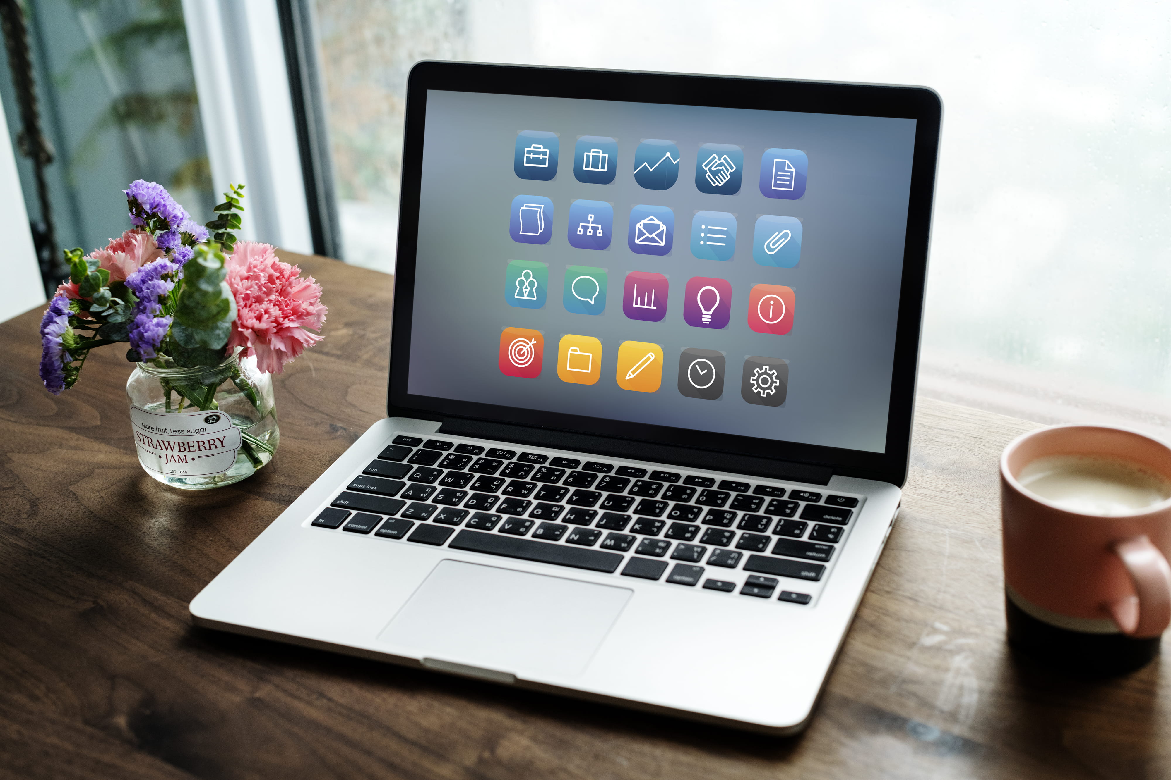 device, portable information device, objects, nature, computer, cup, connection, screen, social media, coffee cup, coffee, technology, contemporary, flower, HD Wallpaper