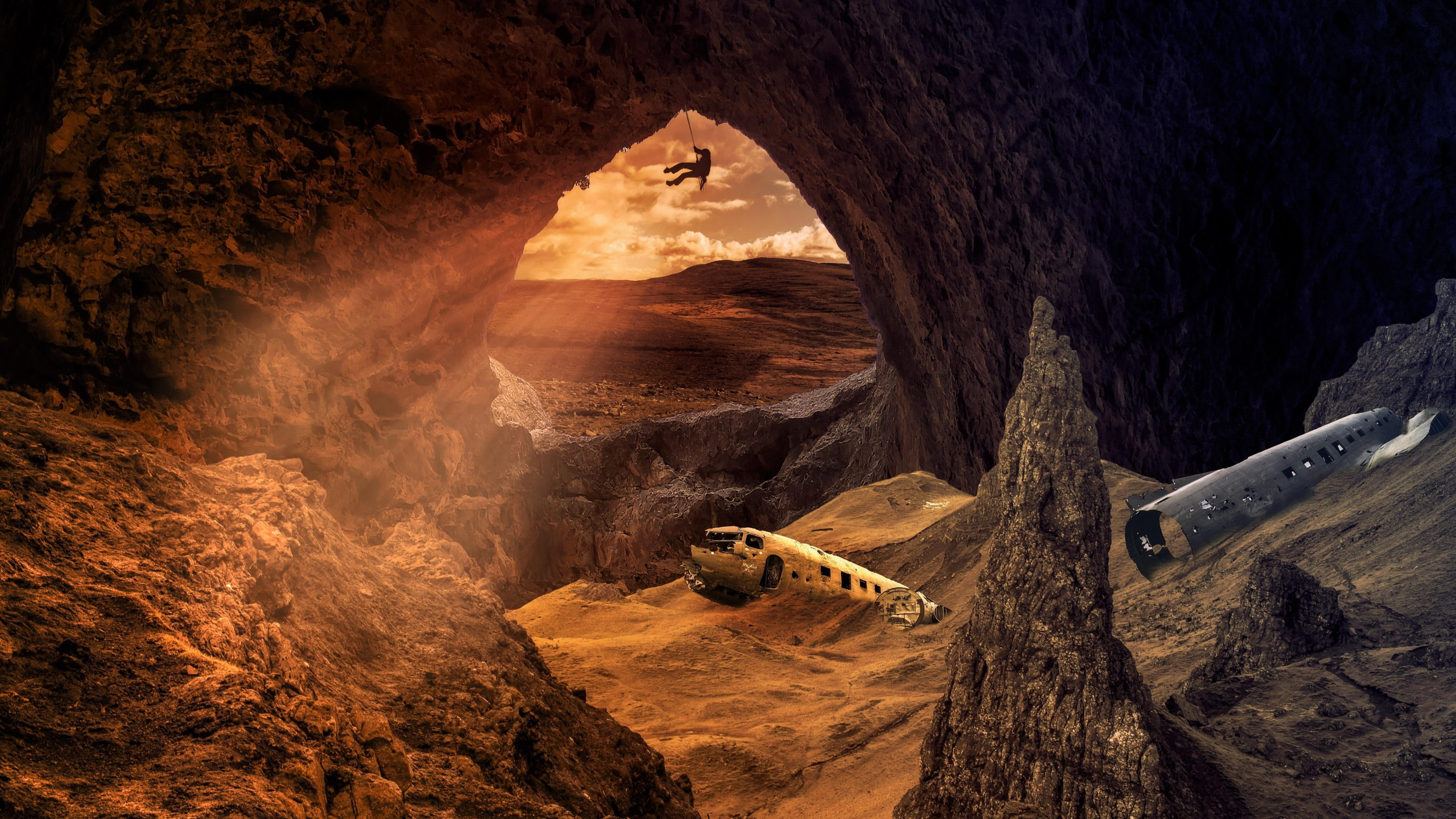 historic, abandoned, mountain climber, historical, lost, plane, sand, landscape, catastrophe, military, flying, cockpit, mystery, air force, 4K, boneyard, HD Wallpaper