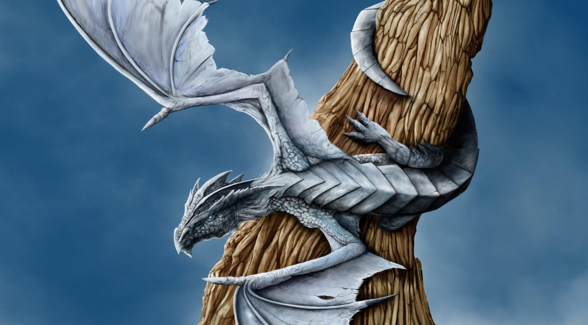 gray, creativity, human representation, sculpture, representation, outdoors, sky, wings, statue, entwining, dragon, architecture, religion, backgrounds, HD Wallpaper
