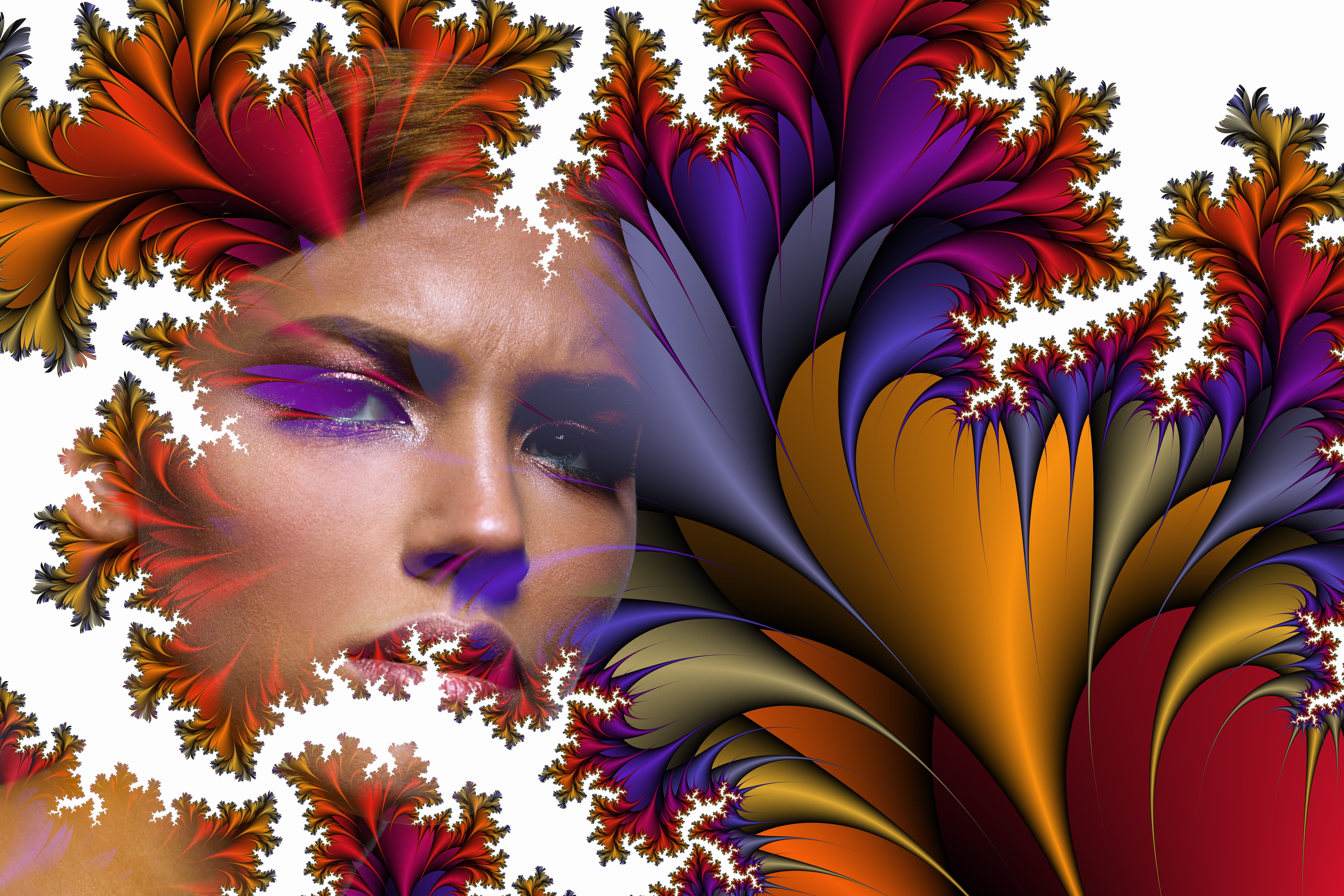 green, flowers, flora, flowering plant, fractals, plant, grace, entwine, portrait, filigree, curlicue, young women, multi colored, females, 5K, traditional, HD Wallpaper