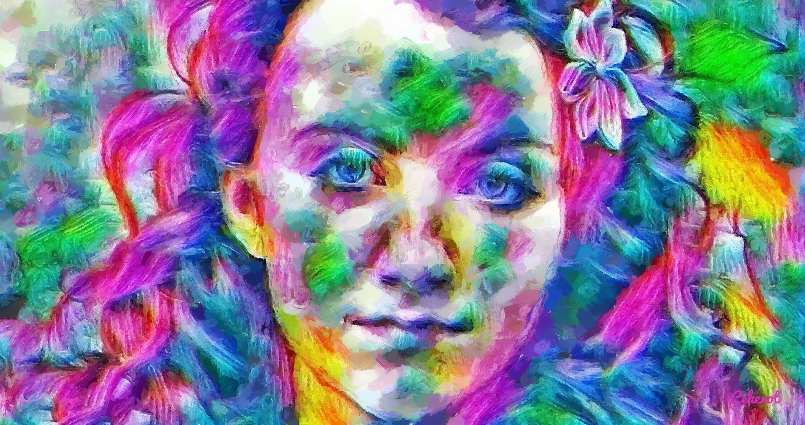 headshot, creativity, close-up, green, body part, blue, looking at camera, females, harry potter, one person, Evanna Lynch, yellow, paint, pattern, cehenot, HD Wallpaper