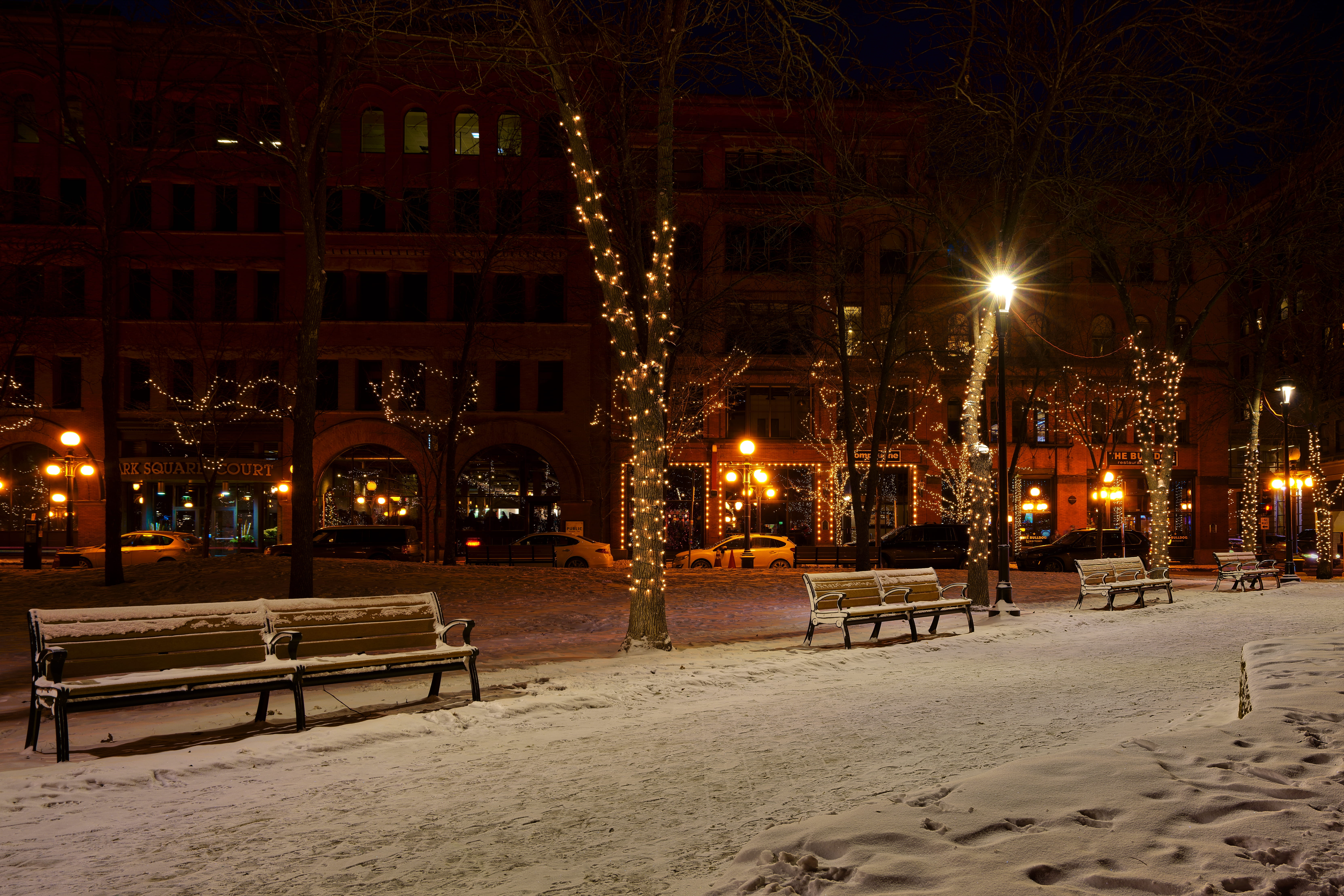 frozen, christmas lights, christmas, weather, building exterior, city, lighting equipment, urban, night, street lights, road, no people, snowy, street light, HD Wallpaper