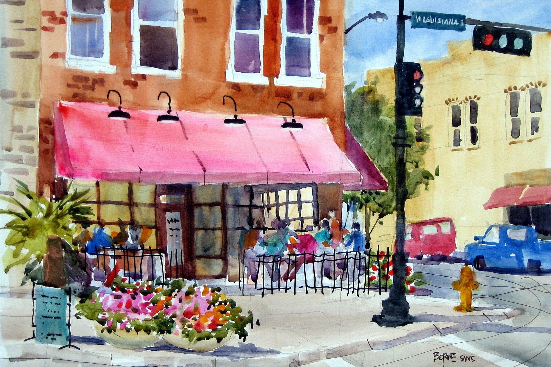 artwork, 1080P, flowerpot, traffic lights, watercolor, painting, cafes, HD Wallpaper