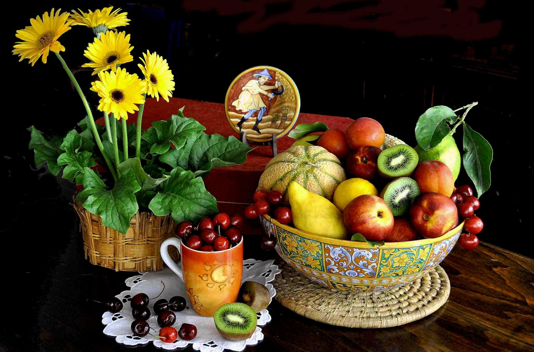 bowls, cherries (food), mugs, flowers, fruit, yellow flowers, 1080P, flowerpot, kiwi (fruit), HD Wallpaper