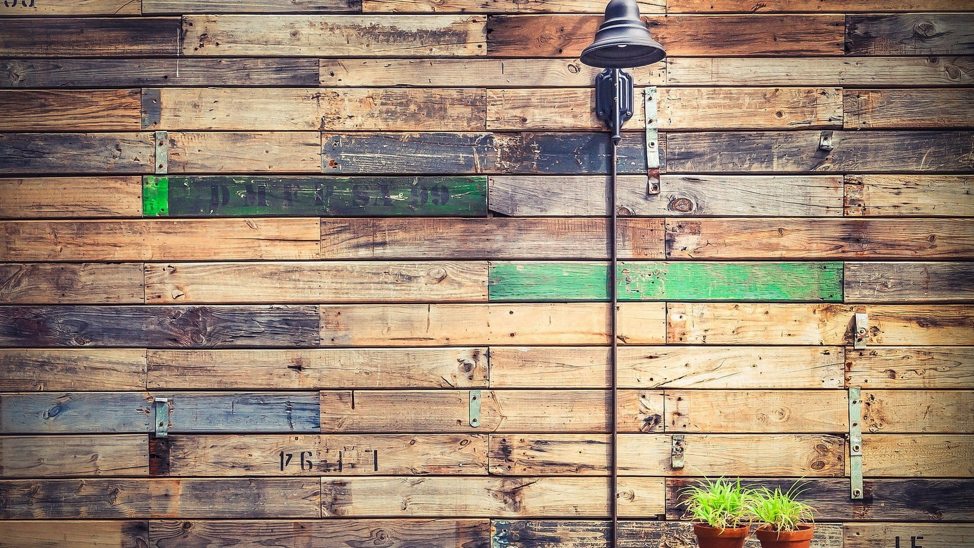 1080P, texture, wall, wood, nails, lamp, metal, planks, flowerpot, numbers, wooden surface, HD Wallpaper