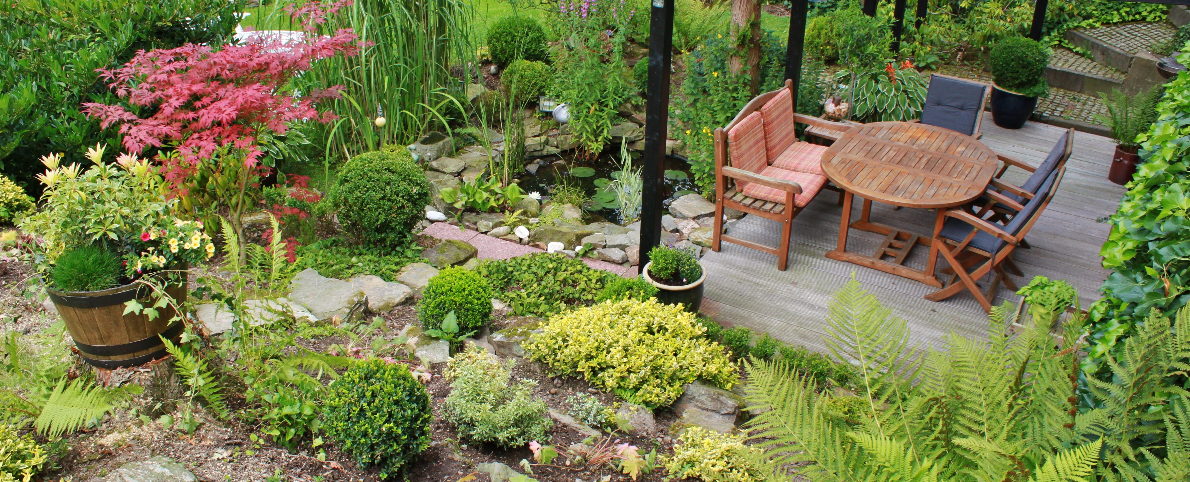 botany, wooden, seat, 4K, garden decoration, formal garden, day, table, middle, pond, front or back yard, flower, nature, growth, flowers, chair, terrace, HD Wallpaper