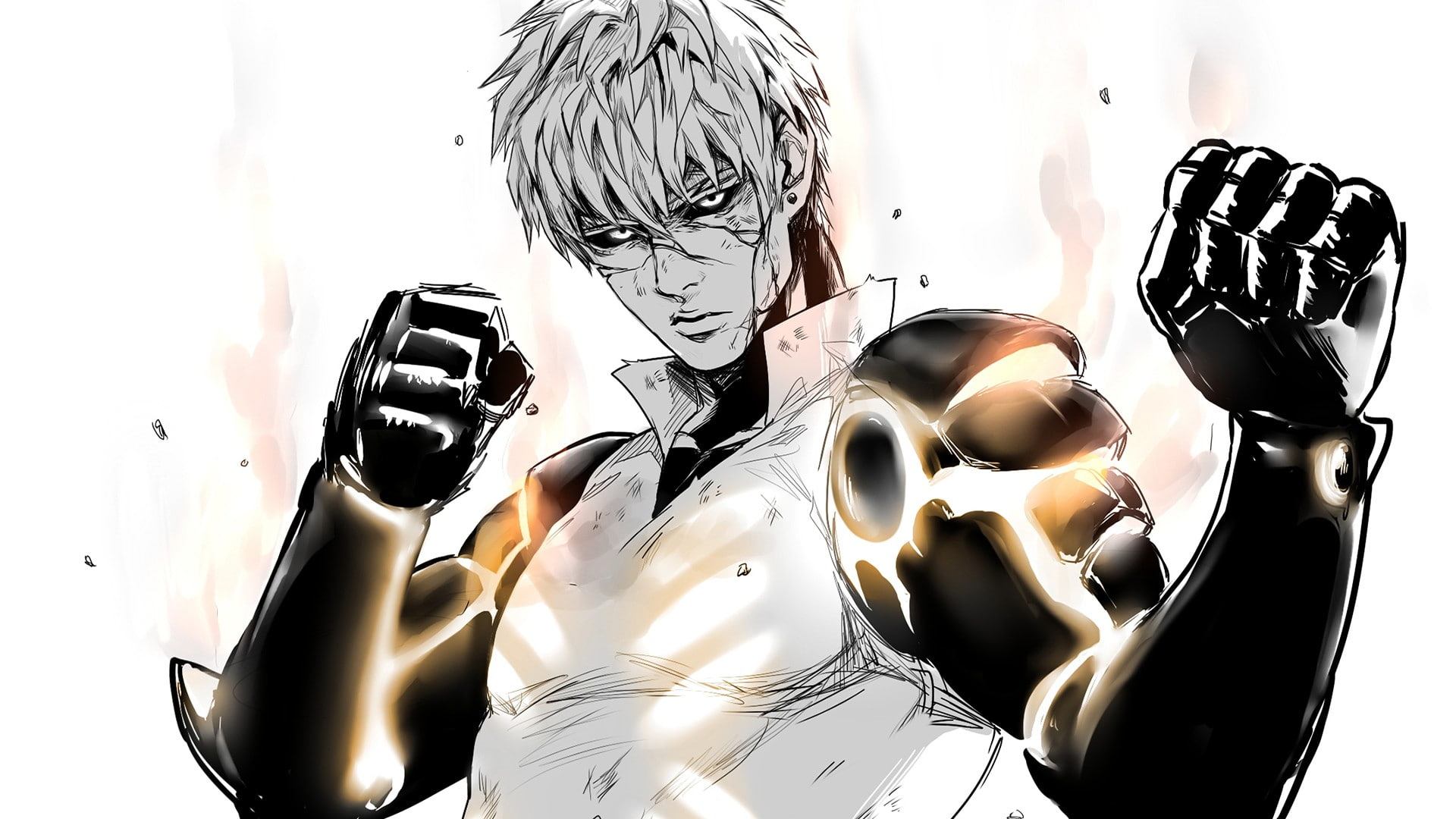 Genos, males, waist up, close-up, anime, indoors, front view, human representation, representation, men, studio shot, 1080P, lifestyles, white color, ball, HD Wallpaper