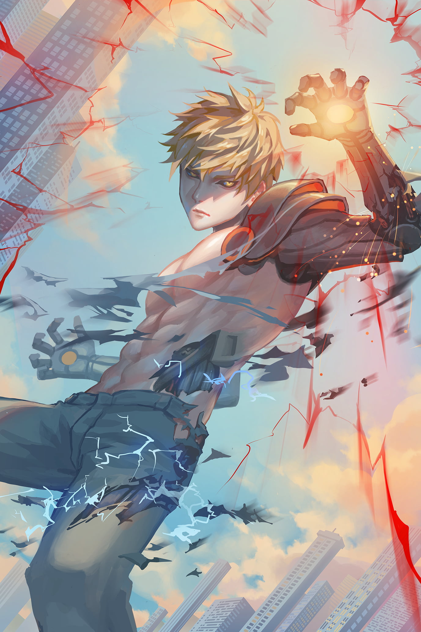 vertical, artwork, anime boys, sky, illustration, blonde, cyborg, men, building, Fantasy Men, Genos, science fiction, fan art, 1080P, digital art, 2D, Phone HD Wallpaper