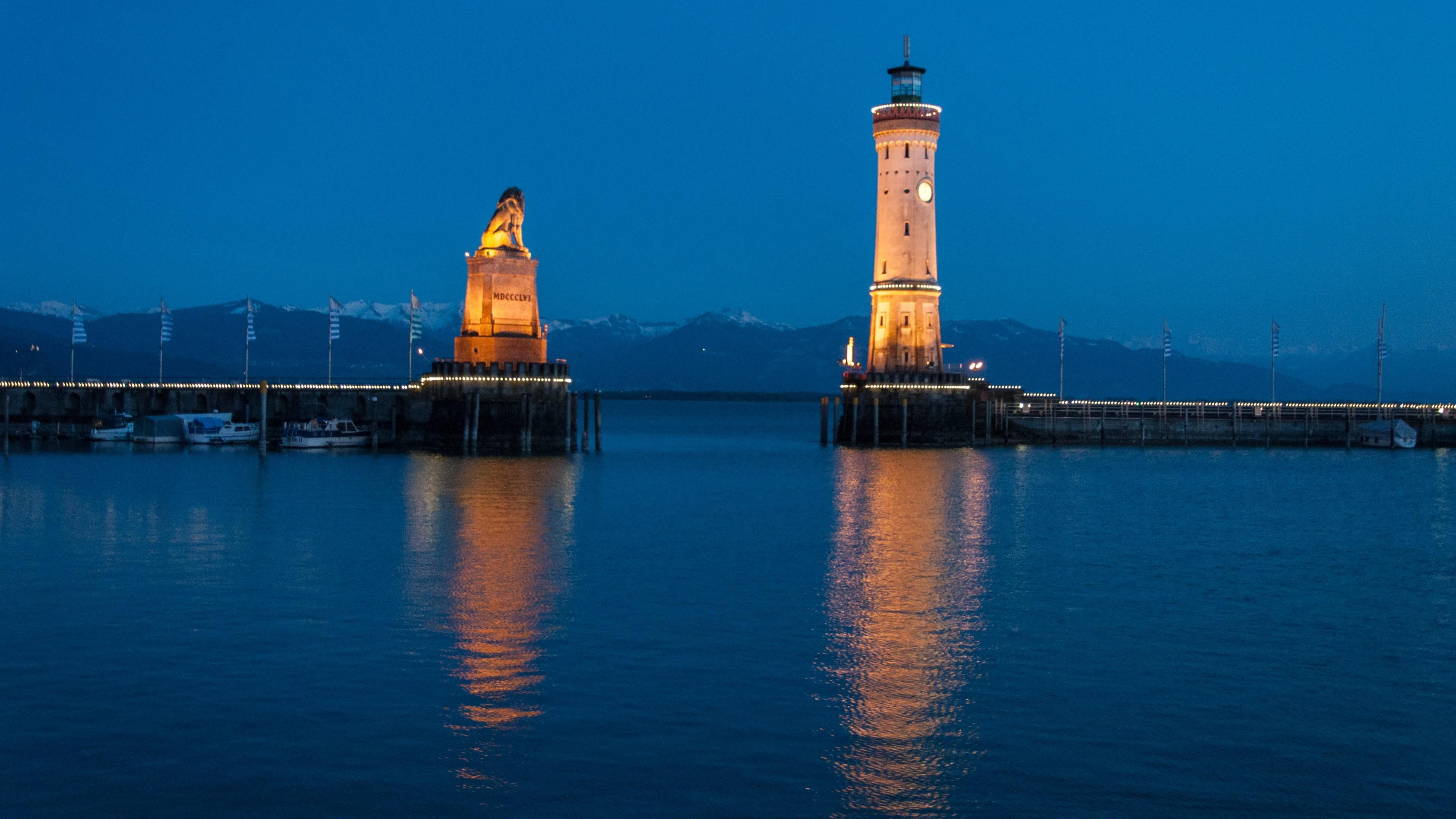 building, architecture, waterway, building exterior, evening, beacon, built structure, lindau lighthouse, no people, waterfront, illuminated, travel destinations, HD Wallpaper