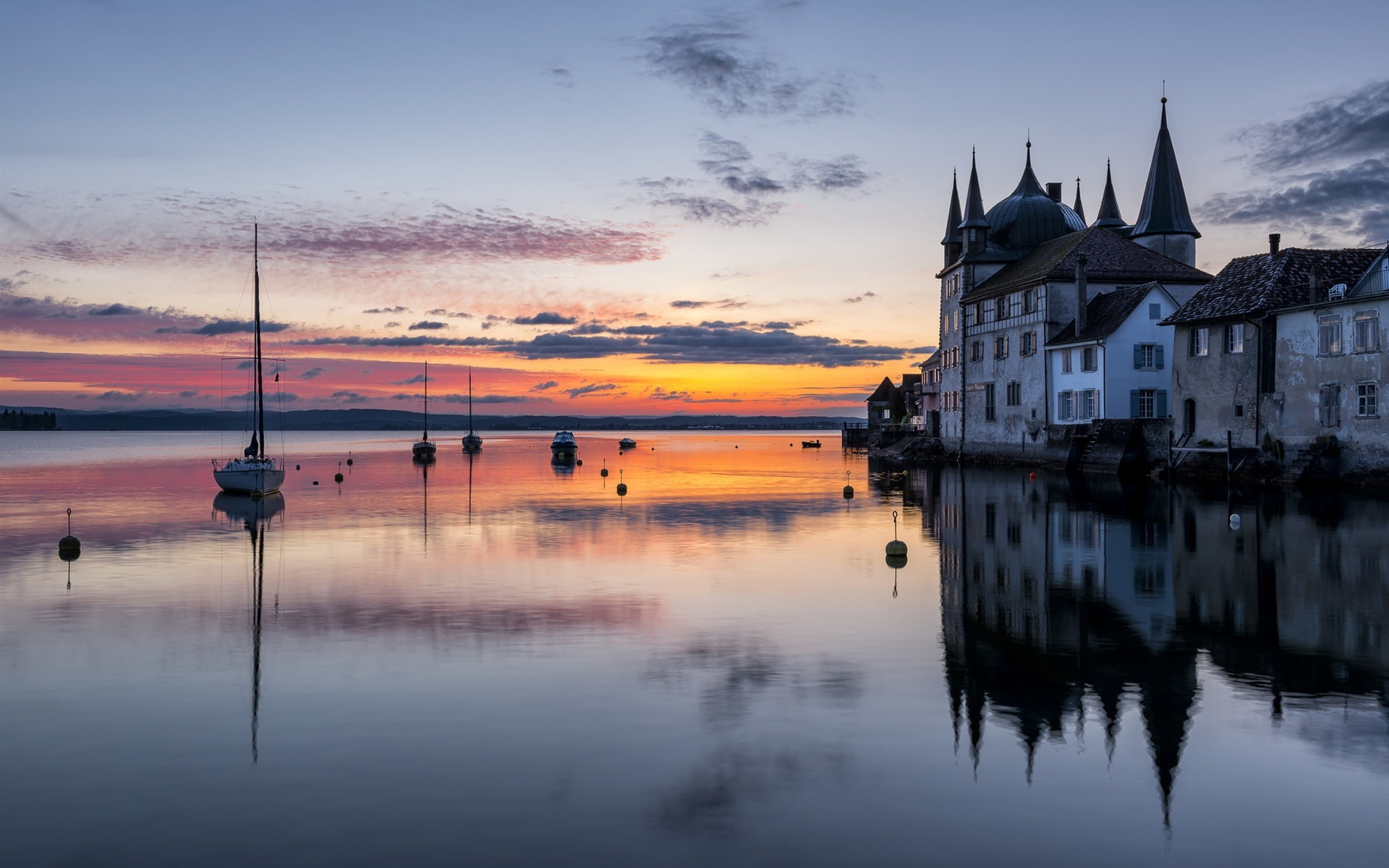 1080P, Constance, Boats, Thurgau, Steckborn, Castle, Dusk, Lake, Switzerland, HD Wallpaper